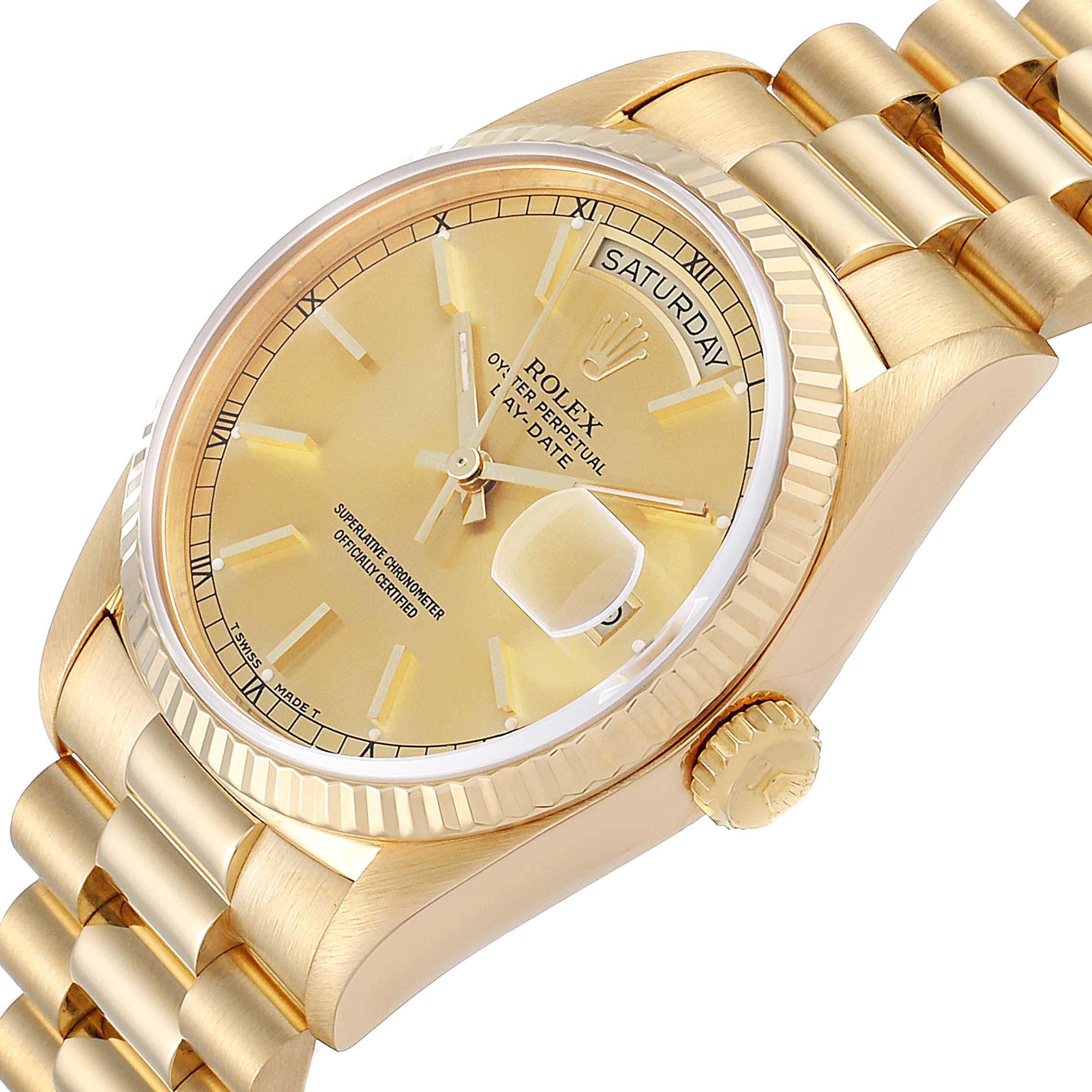 The image shows the Rolex President 18238 Men
s Yellow Gold Champagne Dial 18238 Men
s Yellow Gold Champagne Dial model from an angled view highlighting the dial, bezel, crown, and bracelet.