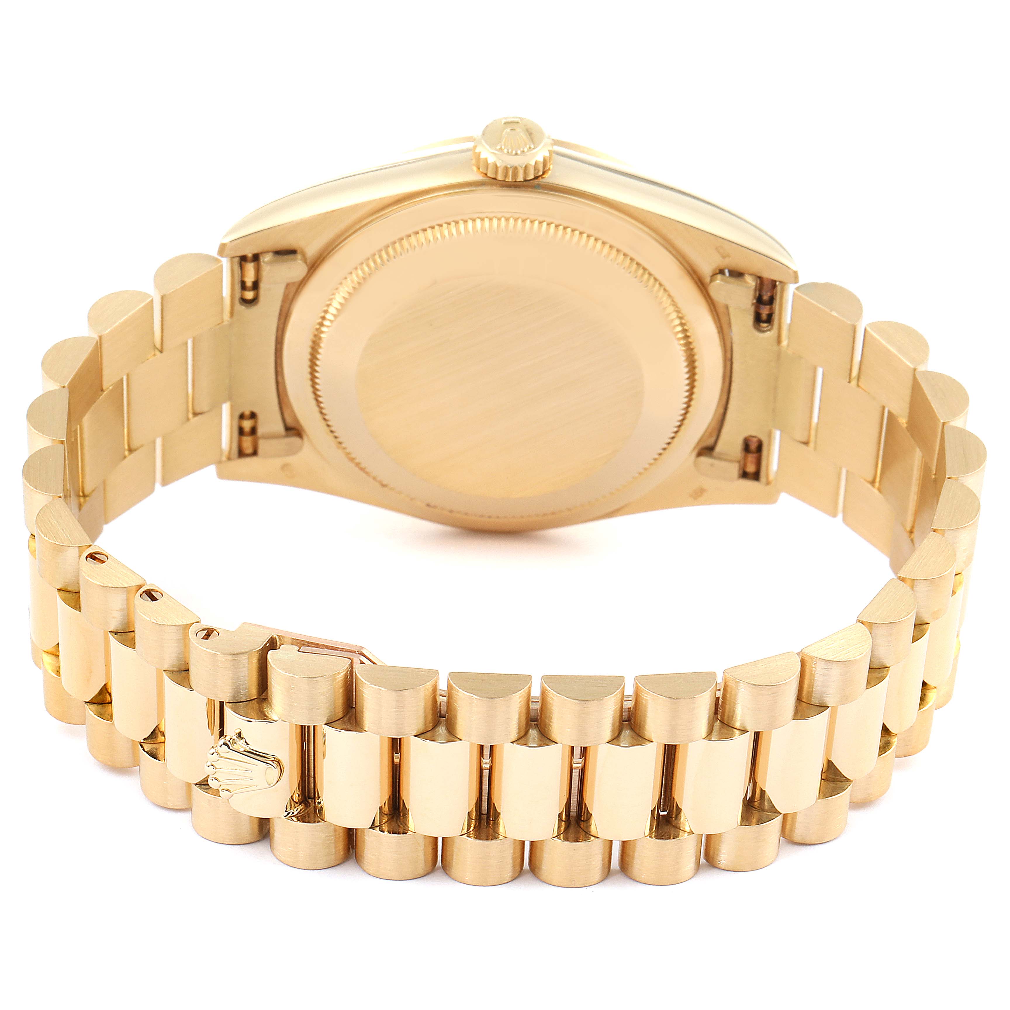 The image shows the back case and bracelet of a Rolex President 18238 Men
s Yellow Gold Champagne Dial 18238 Men
s Yellow Gold Champagne Dial model watch from a rear angle.