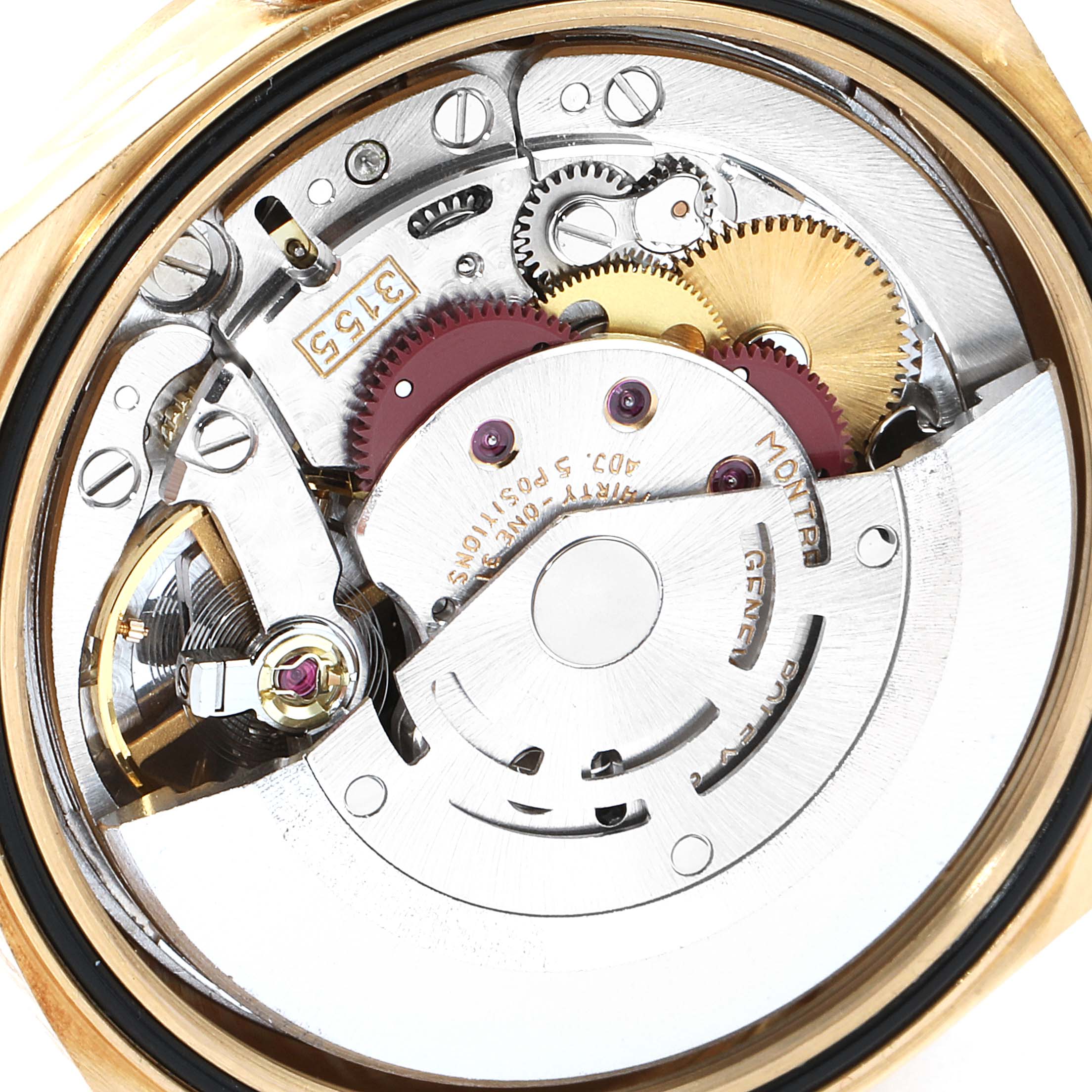 This image shows a close-up of the movement and internal gears of a Rolex President 18238 Men
s Yellow Gold Champagne Dial 18238 Men
s Yellow Gold Champagne Dial watch, viewed from the back.