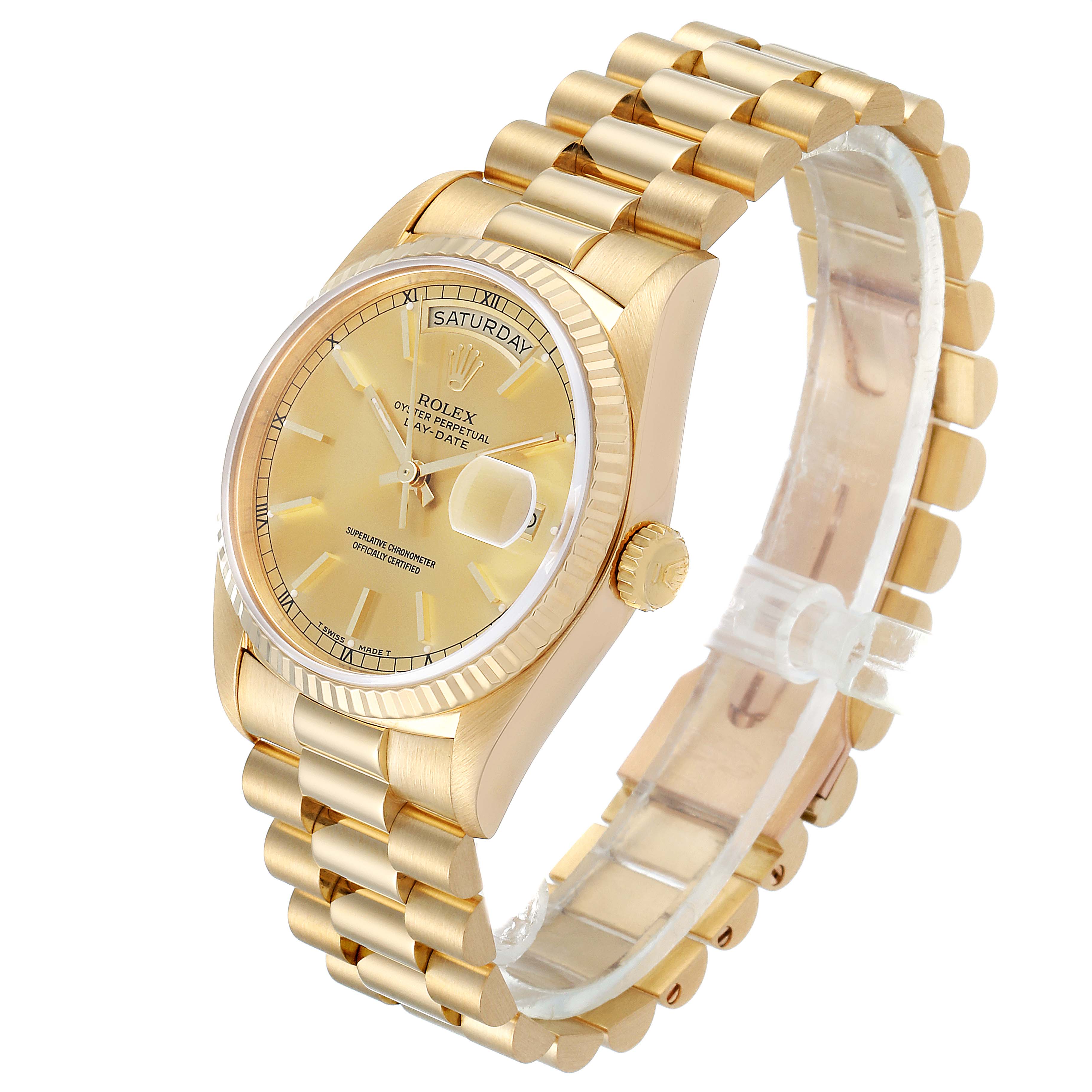 The Rolex President 18238 Men
s Yellow Gold Champagne Dial 18238 Men
s Yellow Gold Champagne Dial model watch is shown at a slight angle, displaying the face, bracelet, and part of the side.