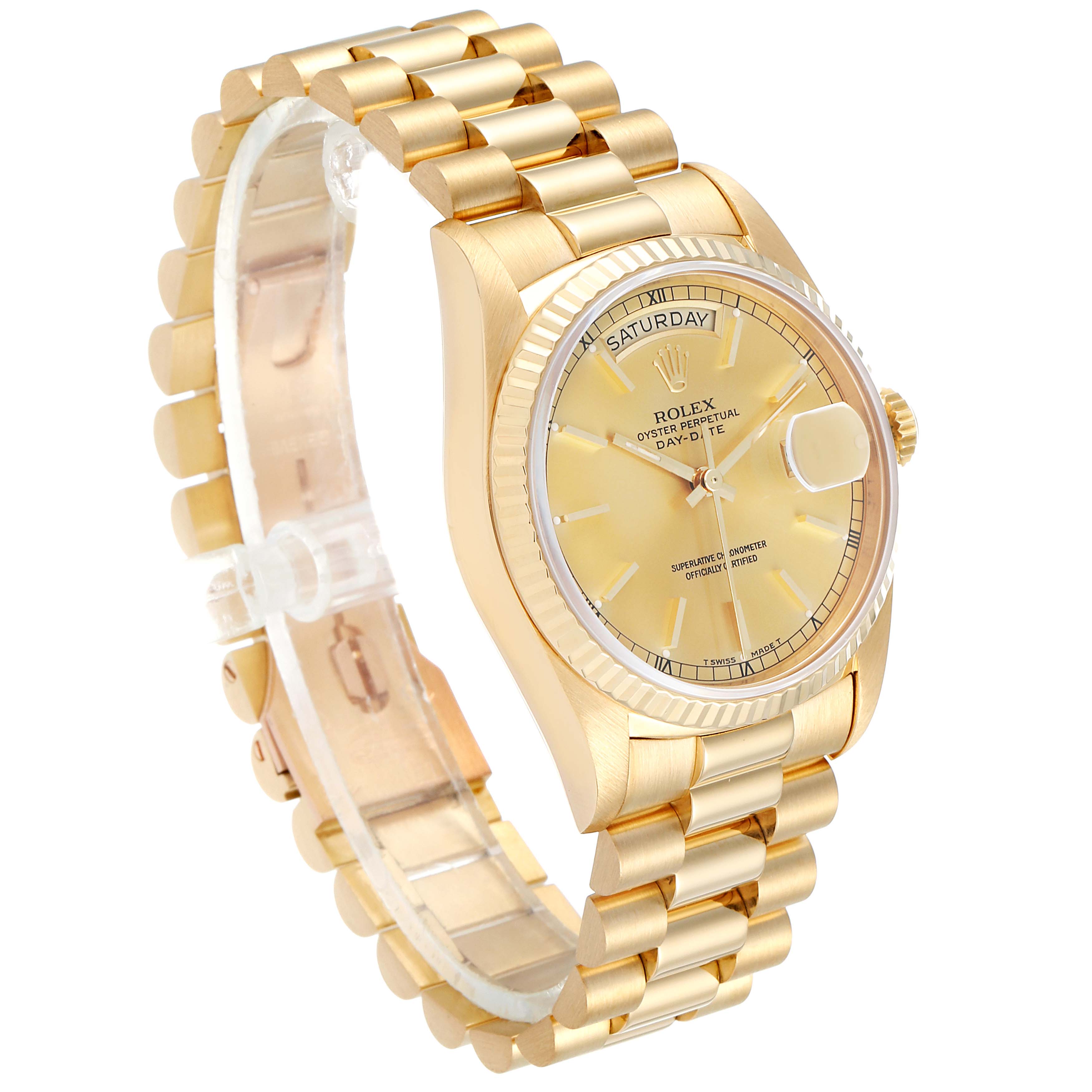 The image shows a Rolex President 18238 Men
s Yellow Gold Champagne Dial 18238 Men
s Yellow Gold Champagne Dial model watch at a slight angle, highlighting its gold band, bezel, and dial with day and date features.