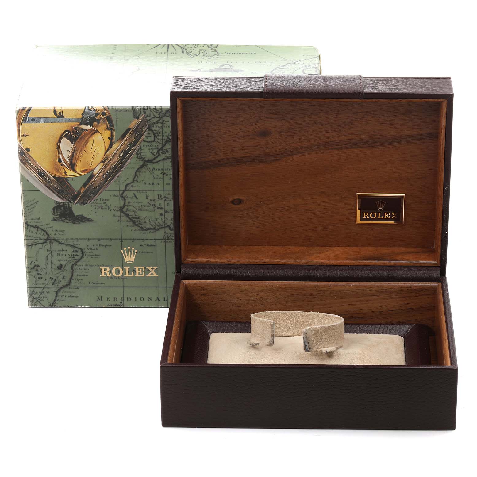 The image shows a Rolex President 18238 Men
s Yellow Gold Champagne Dial 18238 Men
s Yellow Gold Champagne Dial model watch box, with the box lid open, but the watch itself is not present.