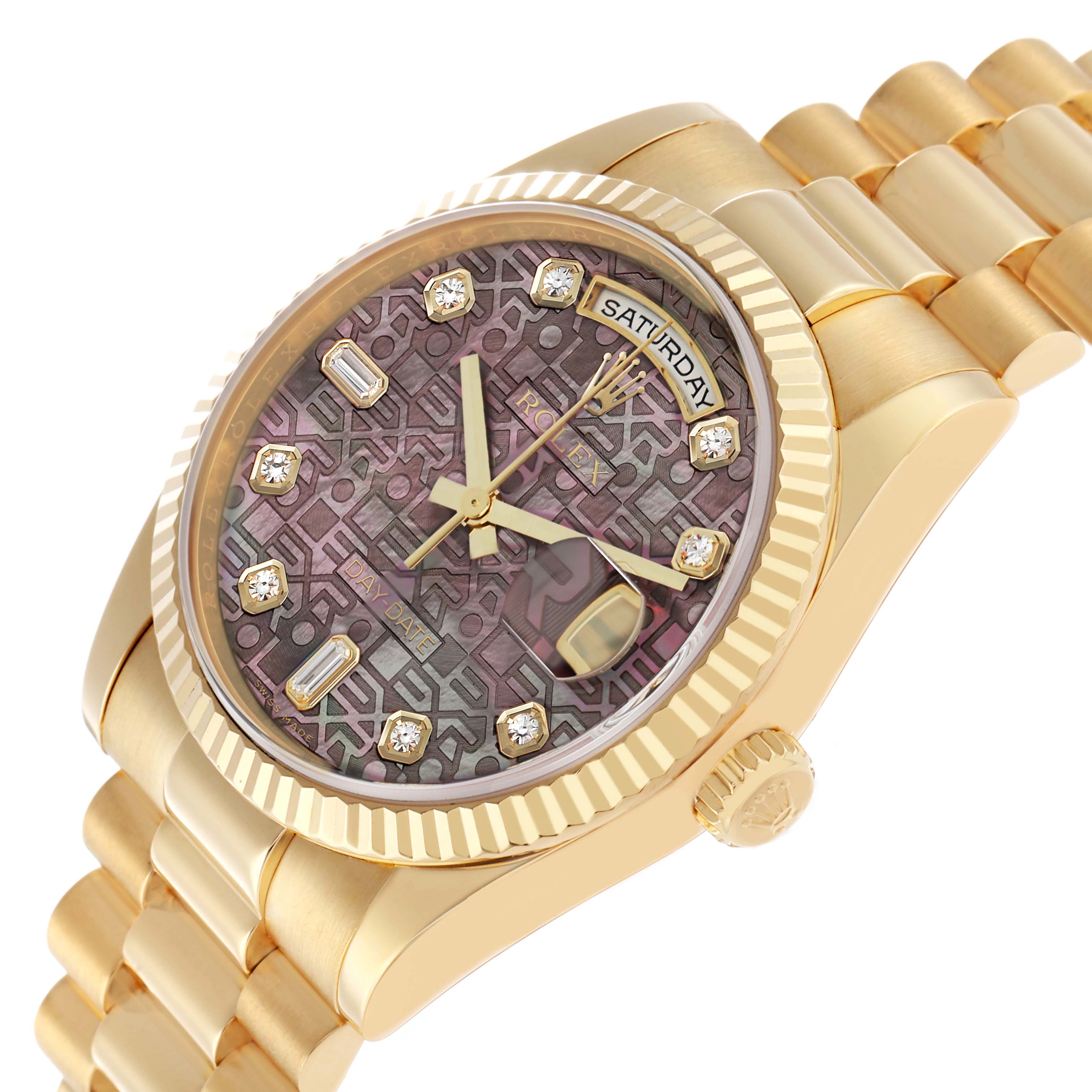 The Rolex President 118238 Men's Yellow Gold Mother of Pearl Dial model is shown at a three-quarter angle, highlighting the bezel, dial, and bracelet.