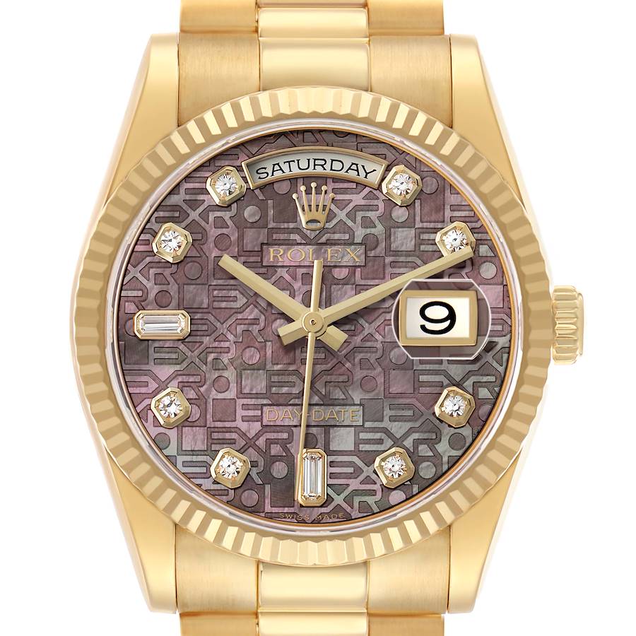 The image shows a Rolex President 118238 Men's Yellow Gold Mother of Pearl Dial watch from a front angle, highlighting its dial, day/date windows, and gold bracelet.
