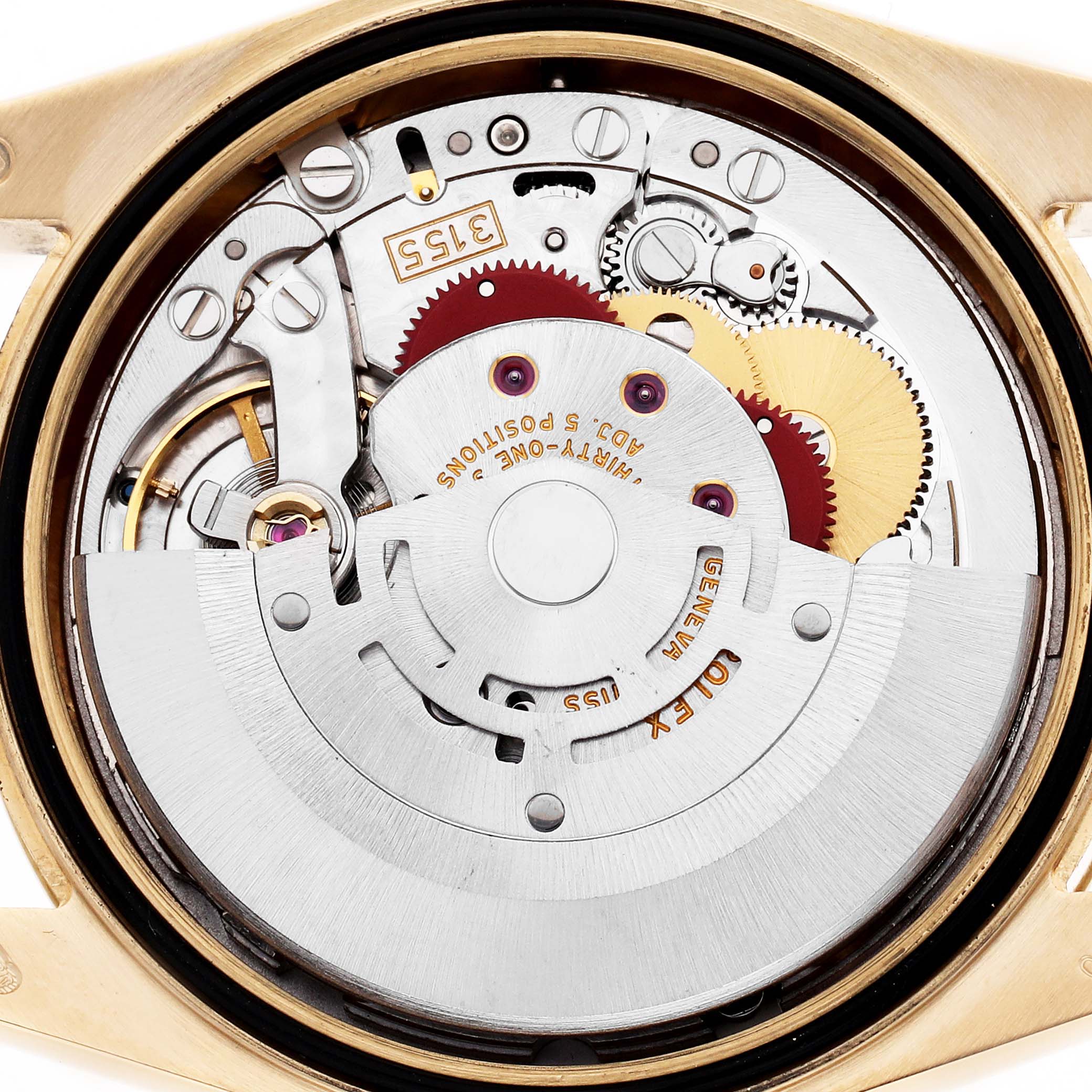 The image shows the inner movement mechanism of the Rolex President 118238 Men's Yellow Gold Mother of Pearl Dial model, focusing on the rotor and gears from a top-down angle.