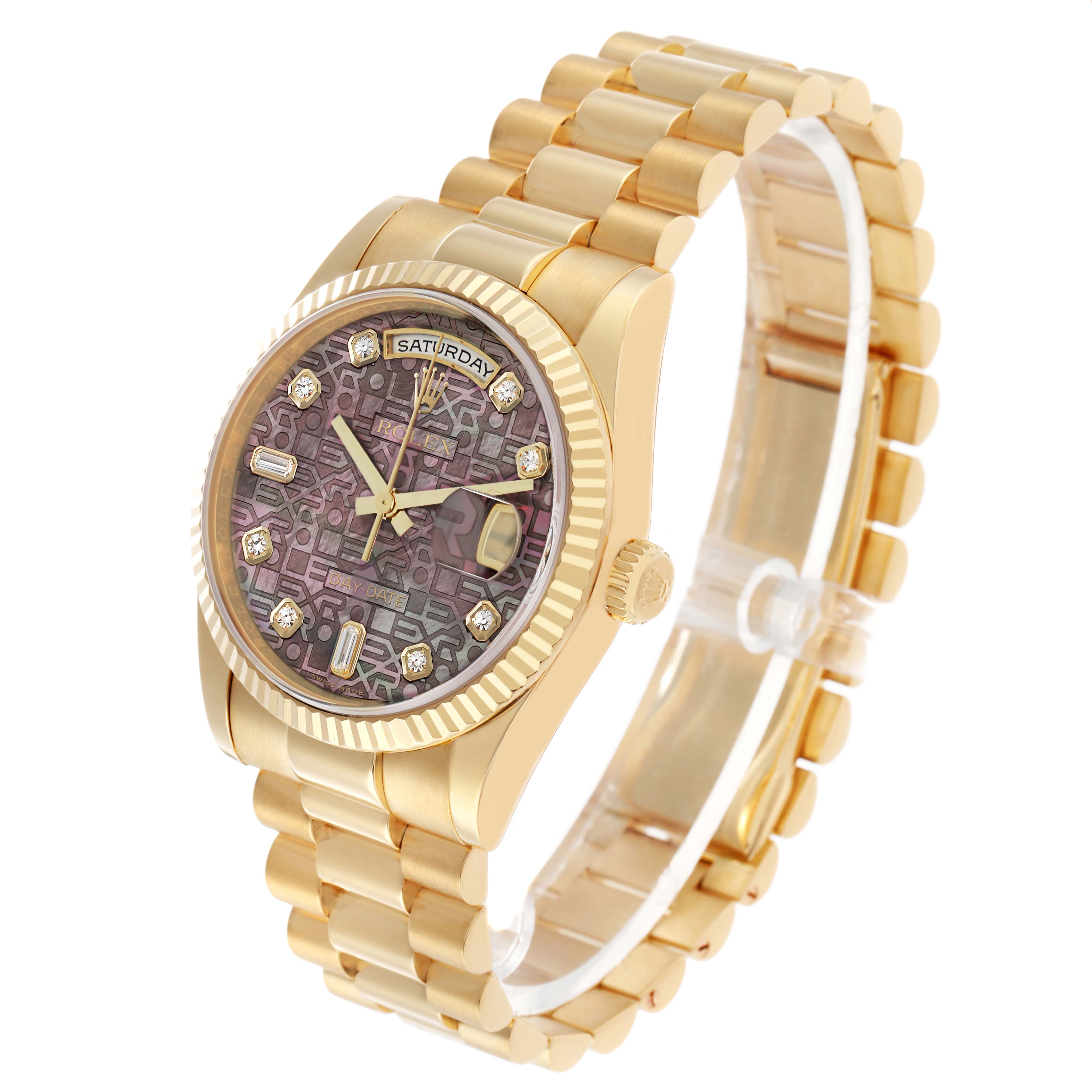 The Rolex President 118238 Men's Yellow Gold Mother of Pearl Dial model is shown at a three-quarter angle, highlighting the dial, bezel, crown, and bracelet.