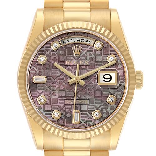 The image shows a Rolex President 118238 Men's Yellow Gold Mother of Pearl Dial watch from the front, highlighting its gold case, patterned dial, day-date display, and diamond markers.