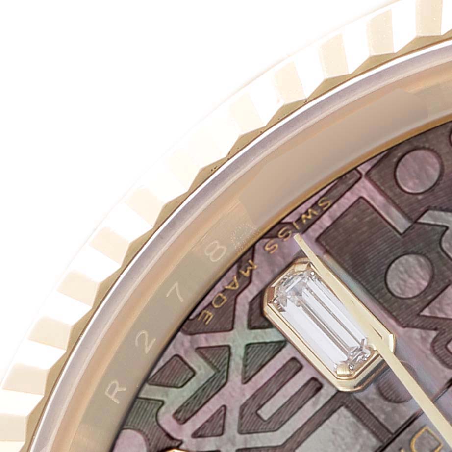 The image shows a close-up of the dial and the fluted bezel of a Rolex President 118238 Men's Yellow Gold Mother of Pearl Dial watch.