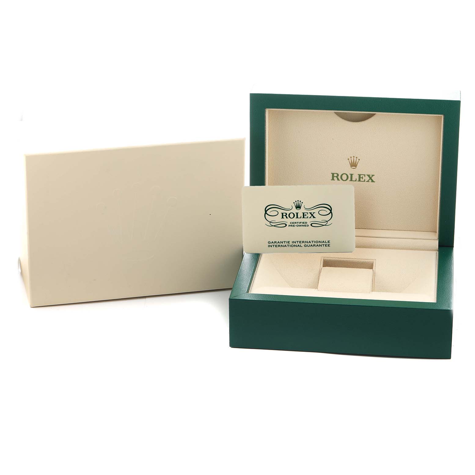 The image shows the open box and guarantee card of a Rolex President 118238 Men's Yellow Gold Mother of Pearl Dial model.