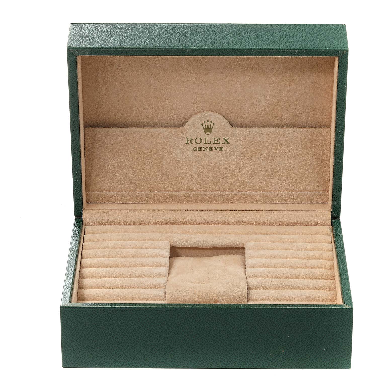 The image shows an open Rolex President 18238 Men
s Yellow Gold Blue Dial 18238 Men
s Yellow Gold Blue Dial model watch box, viewed from the front.