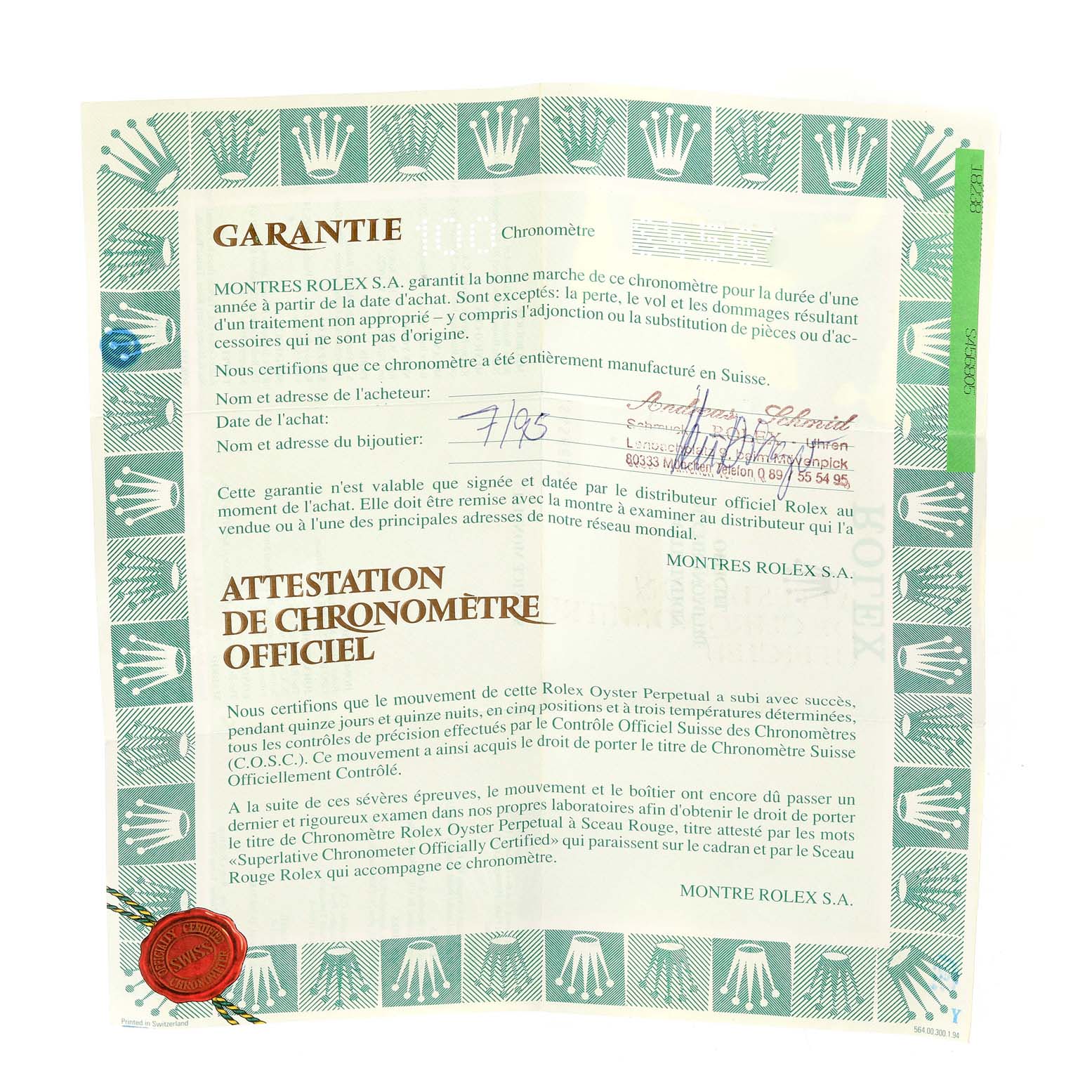 The image shows a warranty certificate and official chronometer certification for a Rolex President 18238 Men
s Yellow Gold Blue Dial 18238 Men
s Yellow Gold Blue Dial model watch.