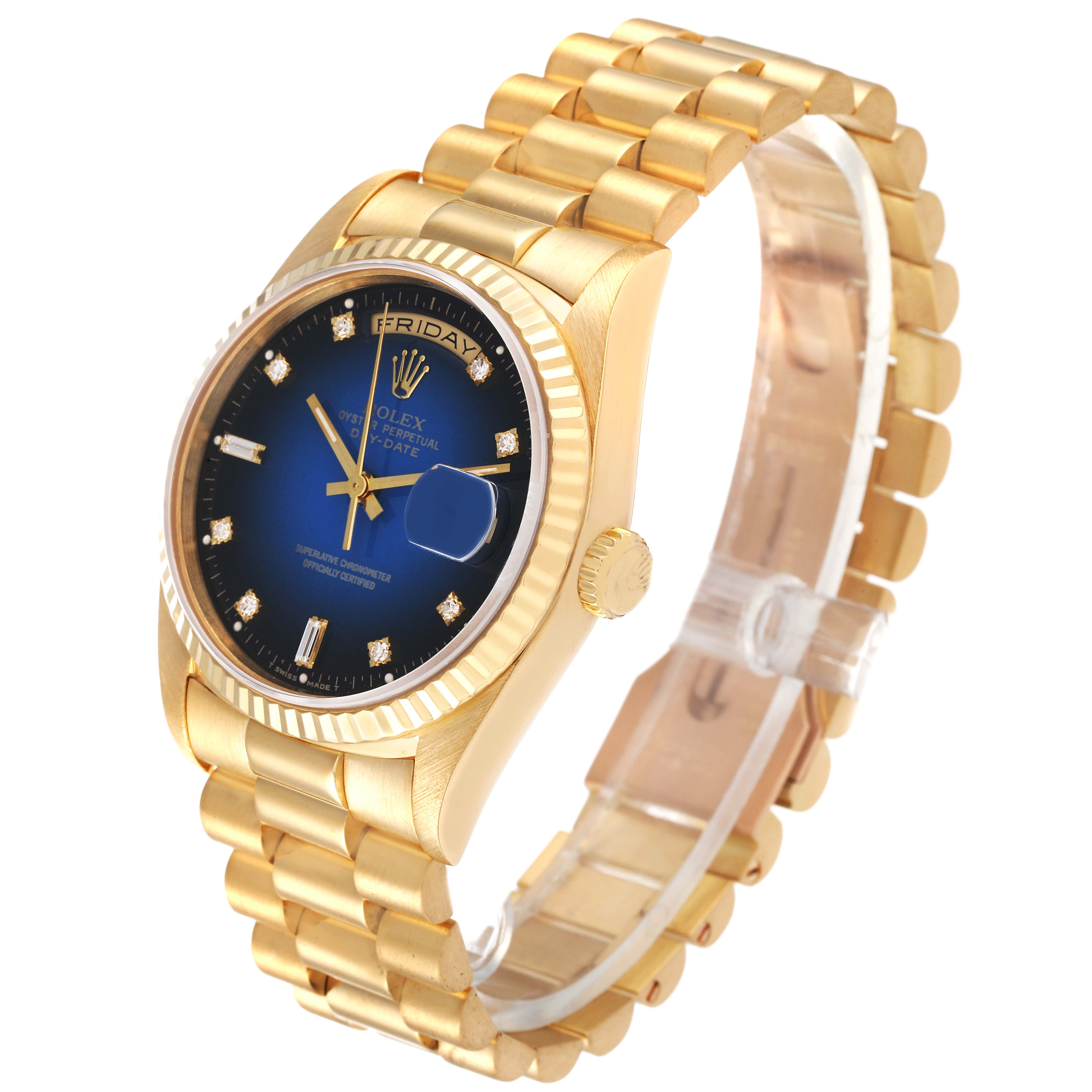 The image shows a Rolex President 18238 Men
s Yellow Gold Blue Dial 18238 Men
s Yellow Gold Blue Dial model watch from an oblique front angle, highlighting the dial, bezel, and bracelet.