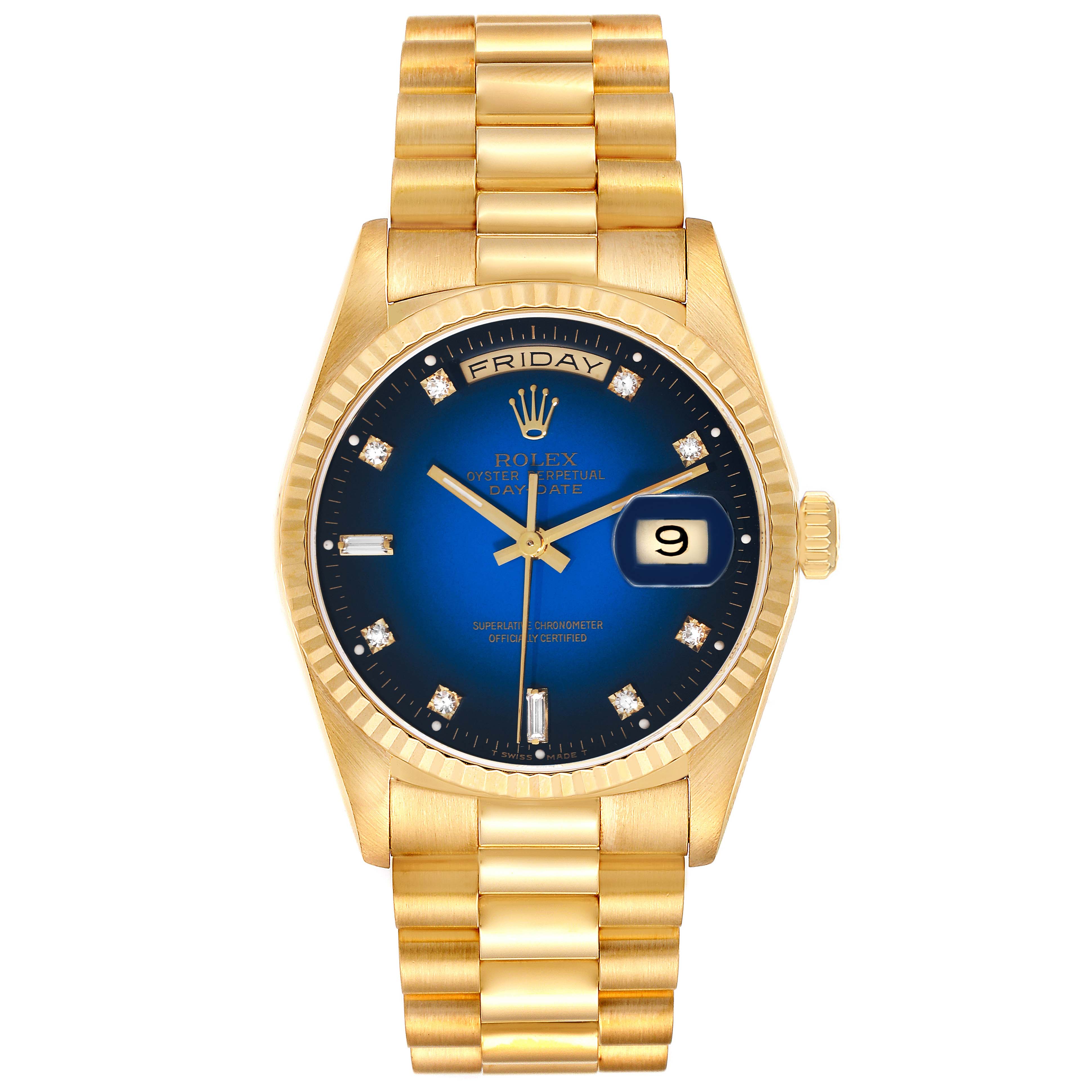The image shows a front view of a Rolex President 18238 Men
s Yellow Gold Blue Dial 18238 Men
s Yellow Gold Blue Dial model watch, highlighting its blue dial, day-date display, and gold bracelet.