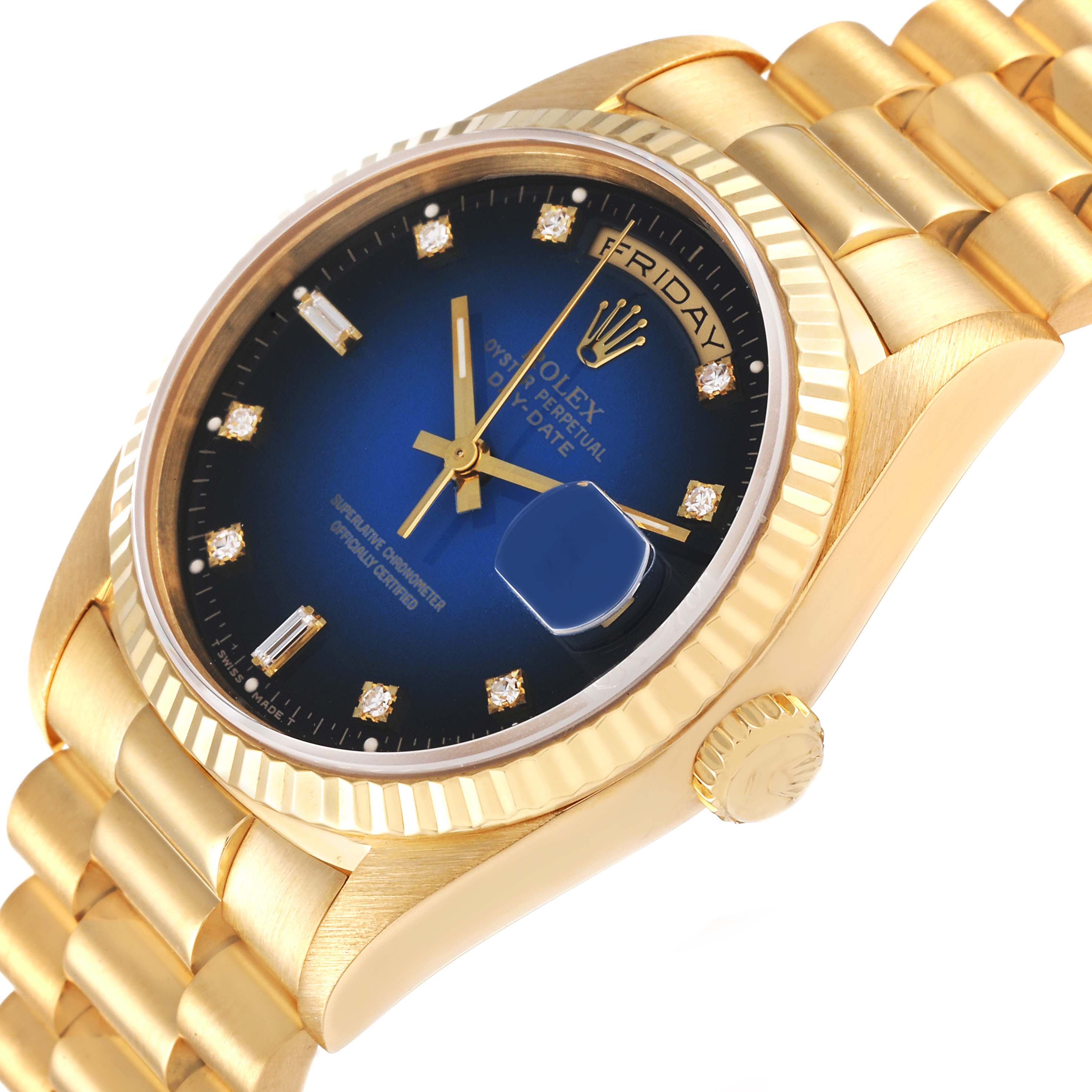 The image shows a Rolex President 18238 Men
s Yellow Gold Blue Dial 18238 Men
s Yellow Gold Blue Dial model watch at an angle, highlighting its blue dial, gold case, and bracelet.