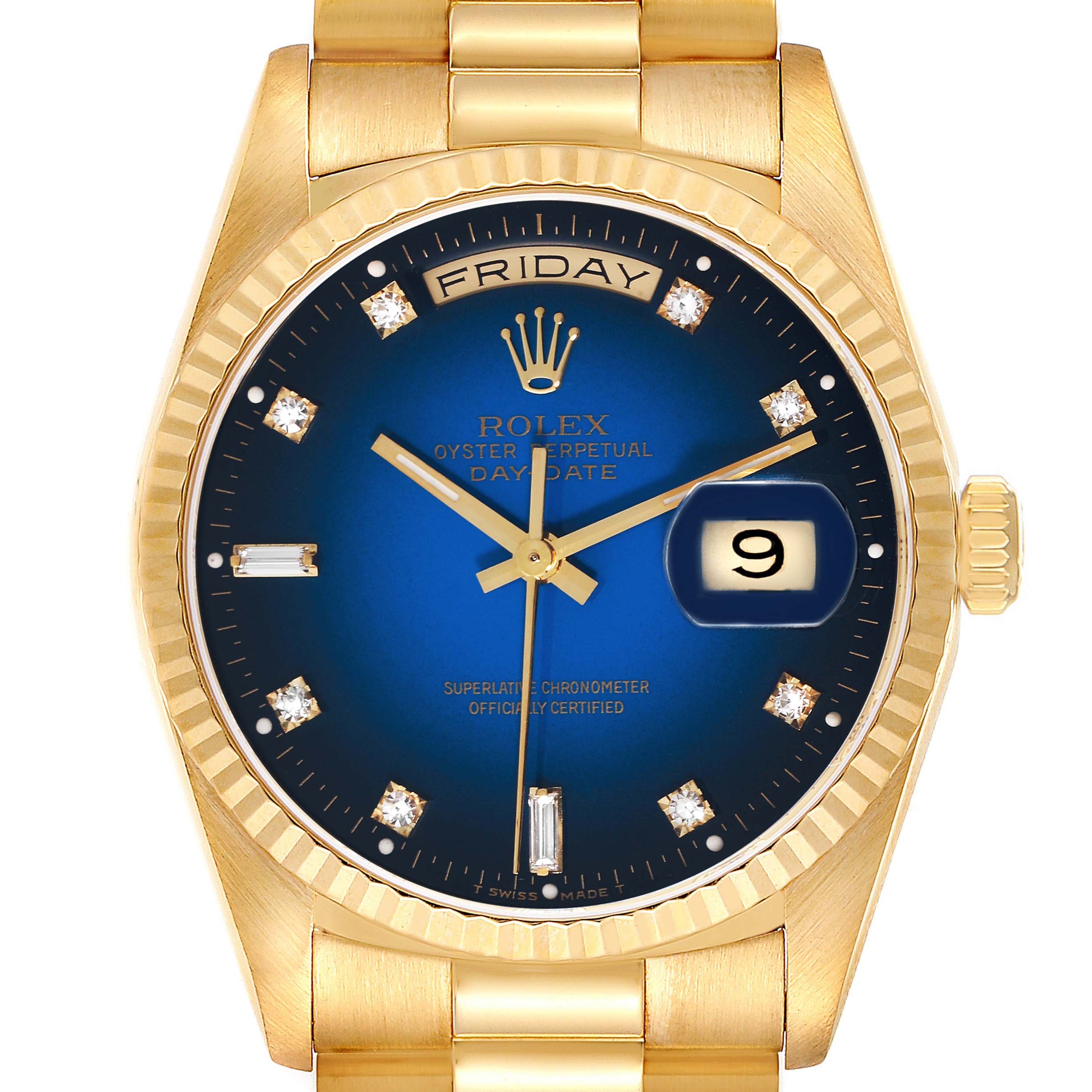 This Rolex President 18238 Men
s Yellow Gold Blue Dial 18238 Men
s Yellow Gold Blue Dial model watch is shown from the front, highlighting its blue dial, day and date indicators, and gold bracelet.