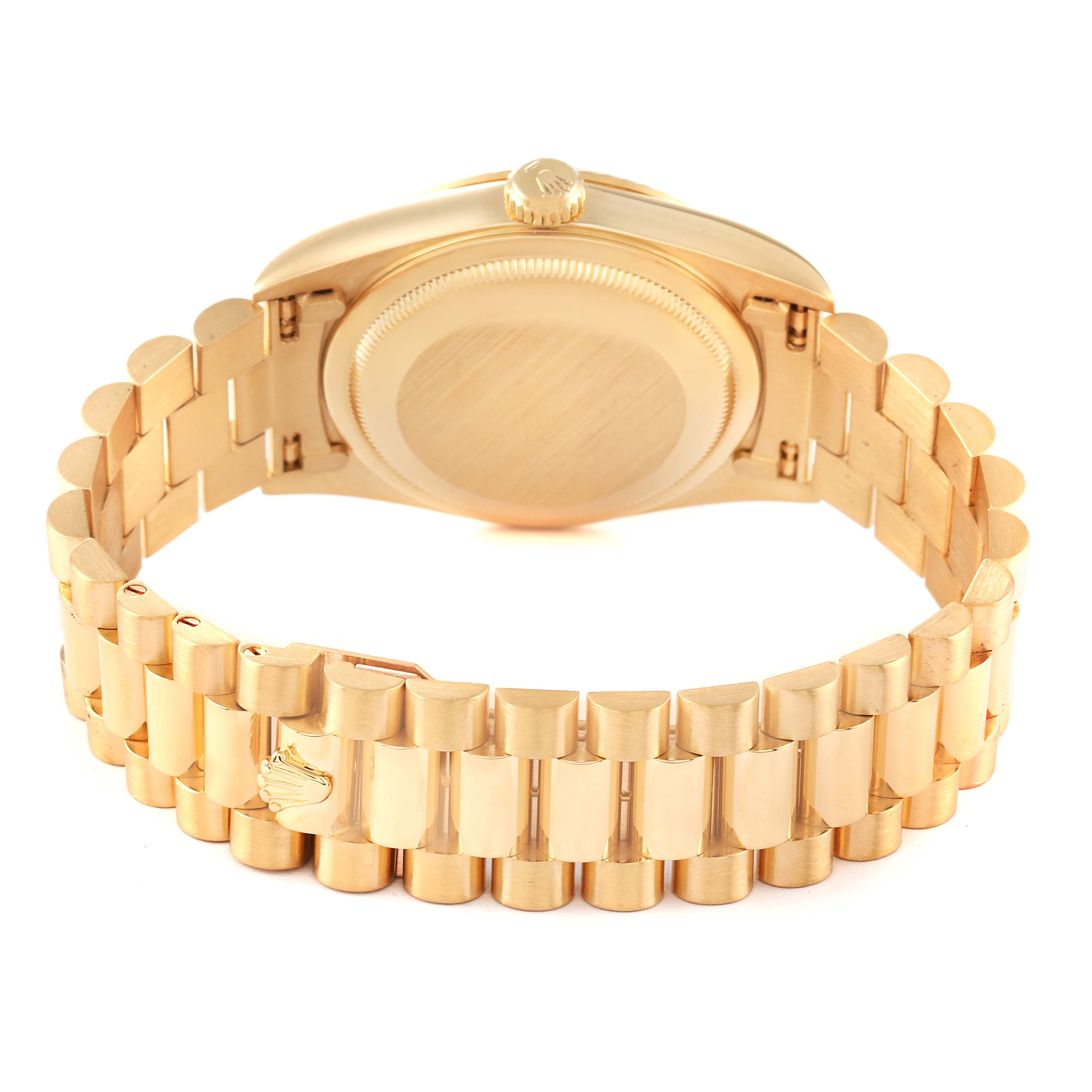 This image shows the back case and band of a Rolex President 18238 Men
s Yellow Gold Blue Dial 18238 Men
s Yellow Gold Blue Dial model watch from a rear angle.