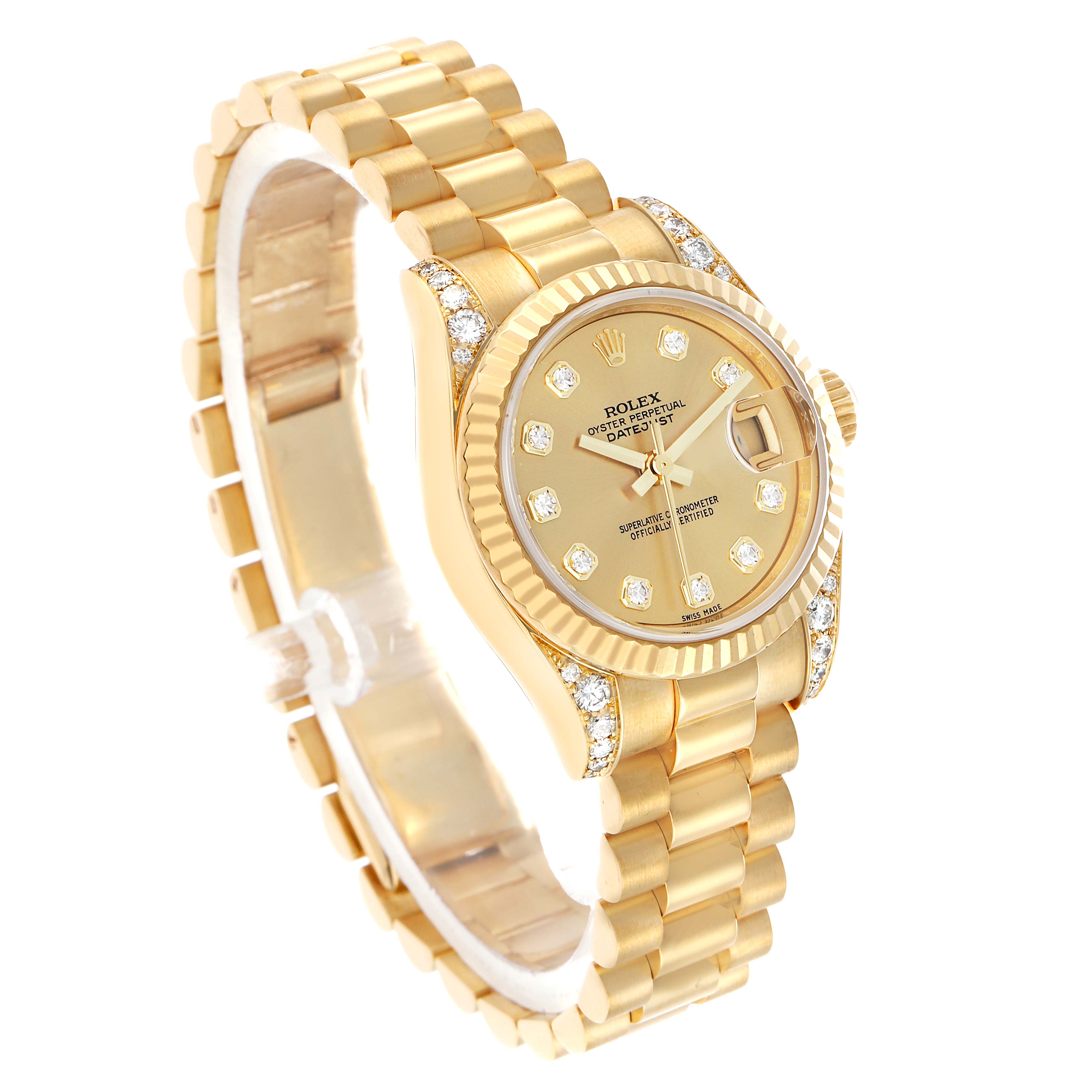 The Rolex President 179238 Women's Yellow Gold Champagne Dial model is shown at a three-quarter angle, highlighting the gold bracelet, diamond hour markers, and fluted bezel.