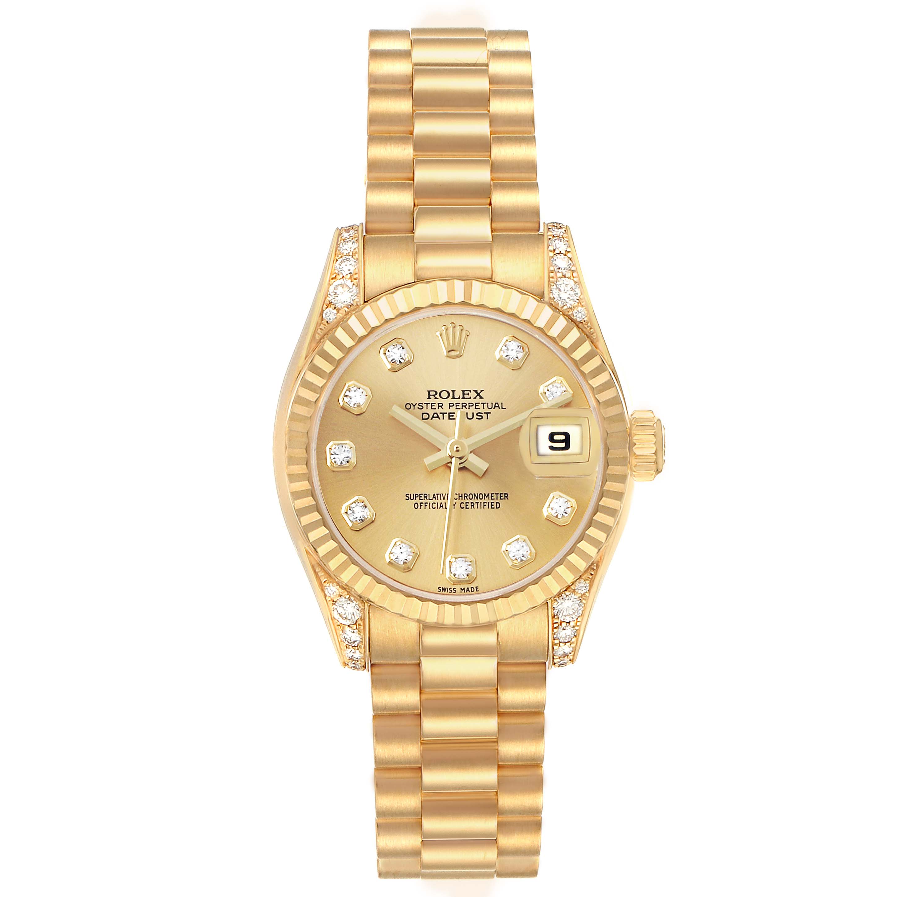 The Rolex President 179238 Women's Yellow Gold Champagne Dial model is shown from a top view, displaying the dial, bezel, bracelet, and crown.