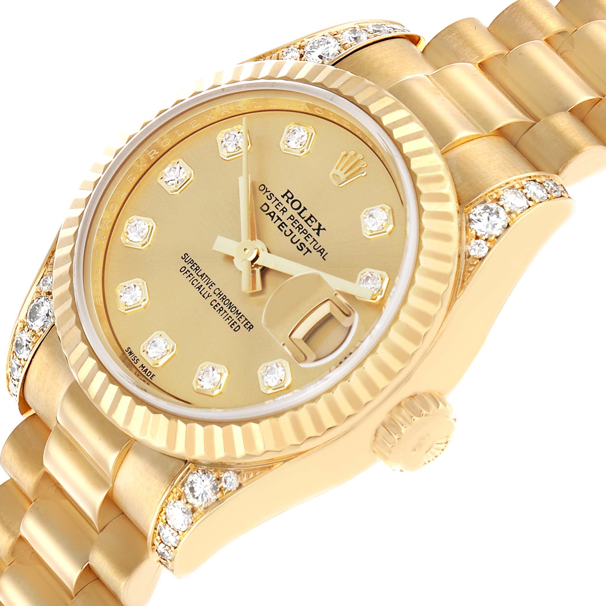 The Rolex President 179238 Women's Yellow Gold Champagne Dial model is shown at an angled side view, highlighting the dial, case, crown, and diamond-set bracelet.
