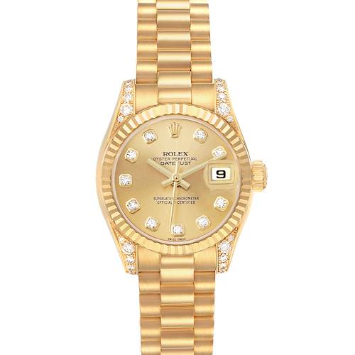 The Rolex President 179238 Women's Yellow Gold Champagne Dial model watch is shown from a top view, displaying the gold bracelet, diamond hour markers, and date window.