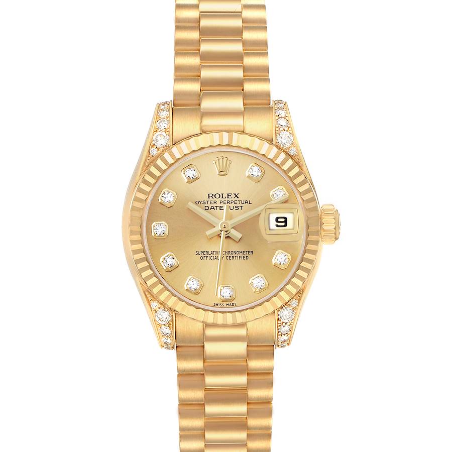 The Rolex President 179238 Women's Yellow Gold Champagne Dial model is shown from a top view, featuring its gold case, diamond markers, date display, and bracelet.