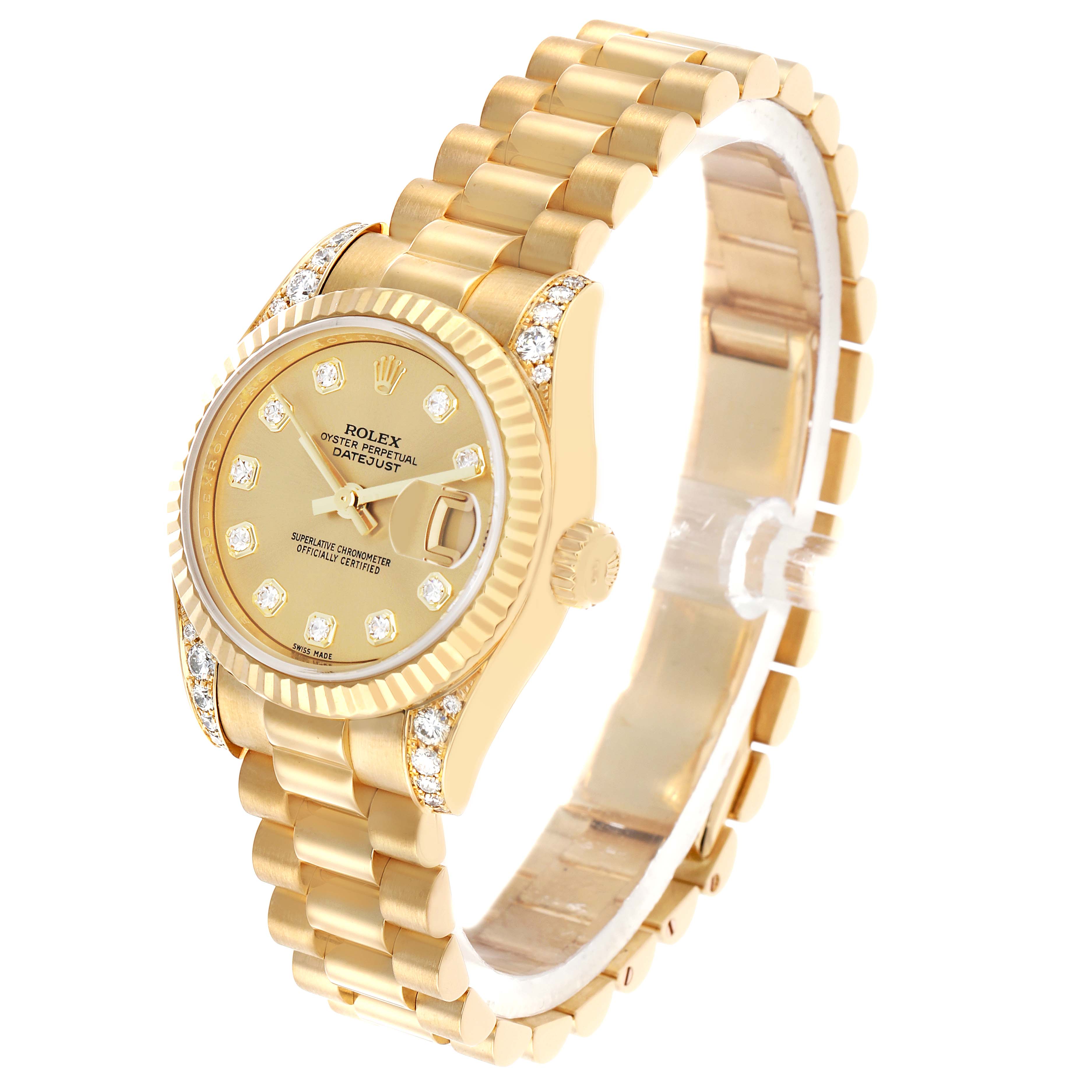 The image shows a Rolex President 179238 Women's Yellow Gold Champagne Dial model watch at an angled view, highlighting its gold case, diamond bezel, bracelet, and dial.