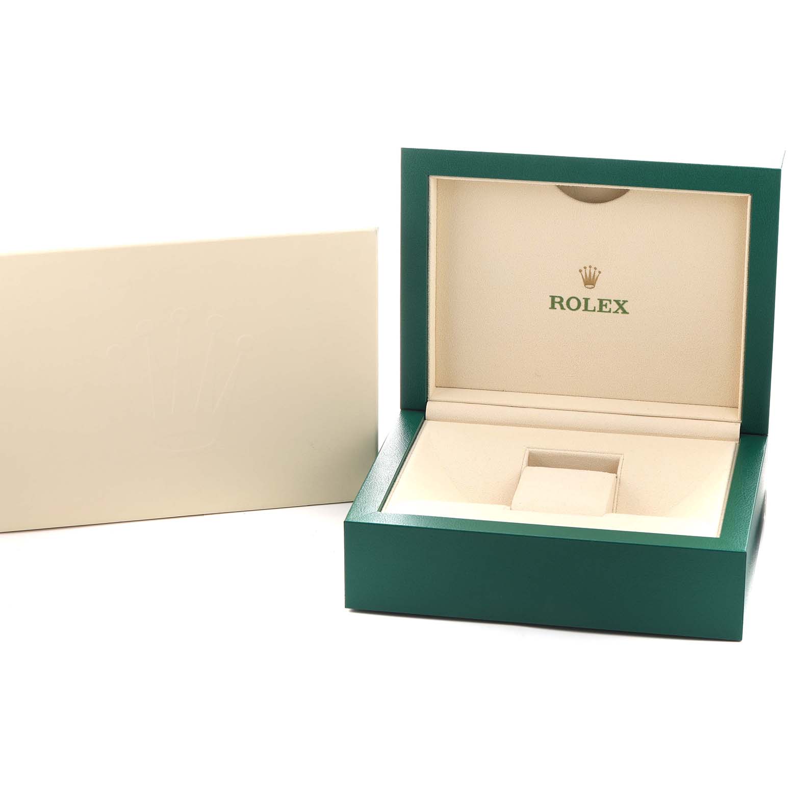 The image shows a Rolex President 179238 Women's Yellow Gold Champagne Dial model watch box and an outer protective cover, opened from the front angle.