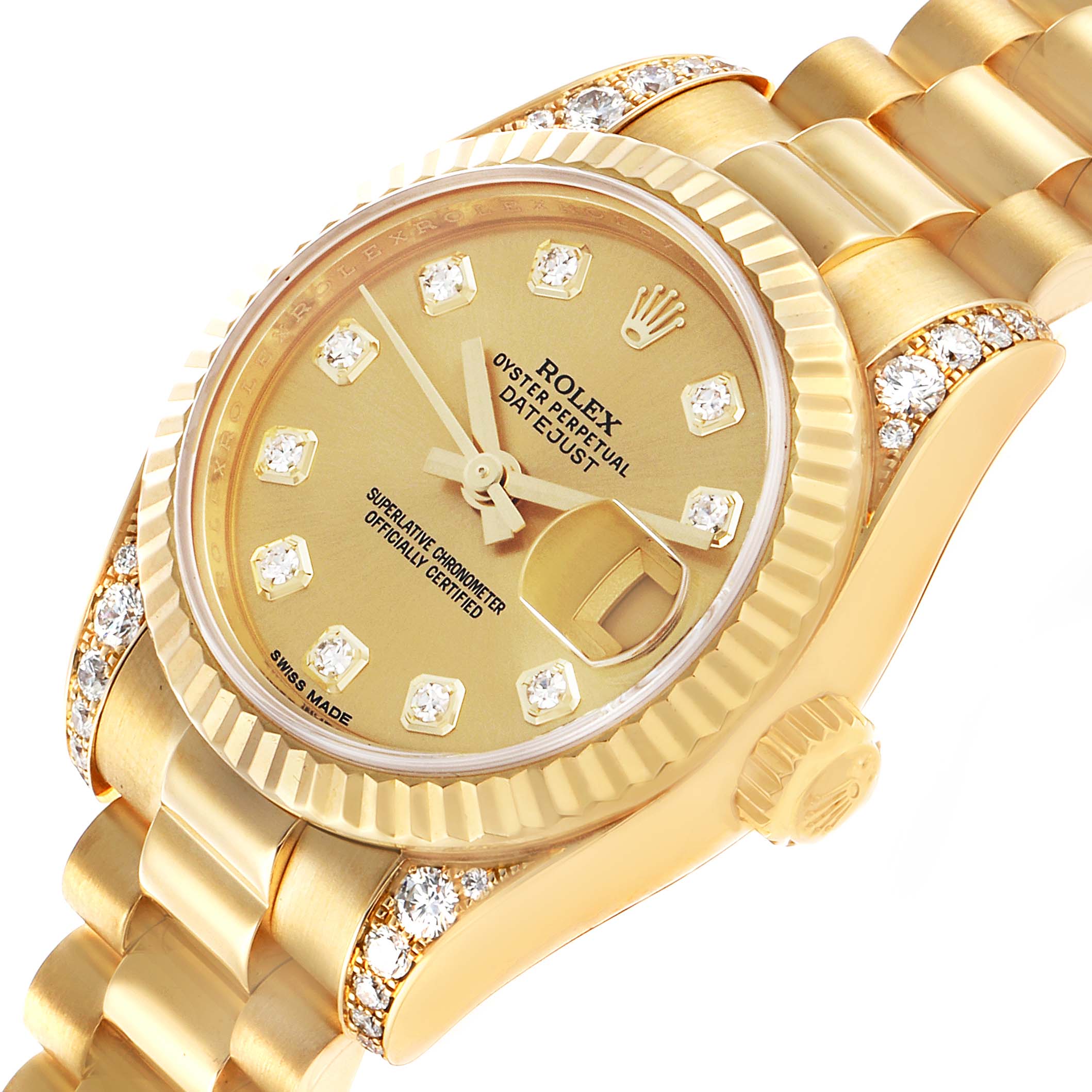 The Rolex President 179238 Women's Yellow Gold Champagne Dial model is shown at a slight angle, highlighting its gold bezel, dial, diamond indices, and bracelet.