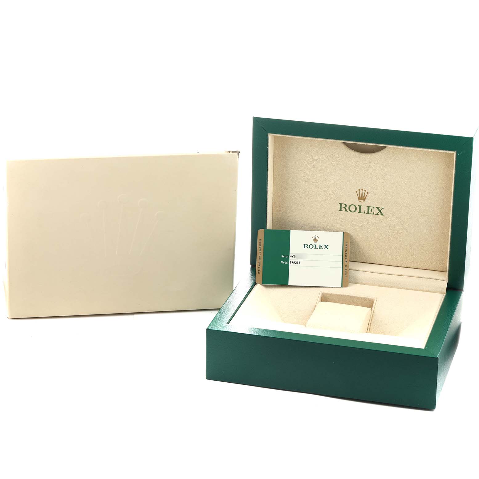 The image shows a Rolex President 179238 Women's Yellow Gold Champagne Dial model box and accessories, including an outer box and a card, all from a top-front angle.