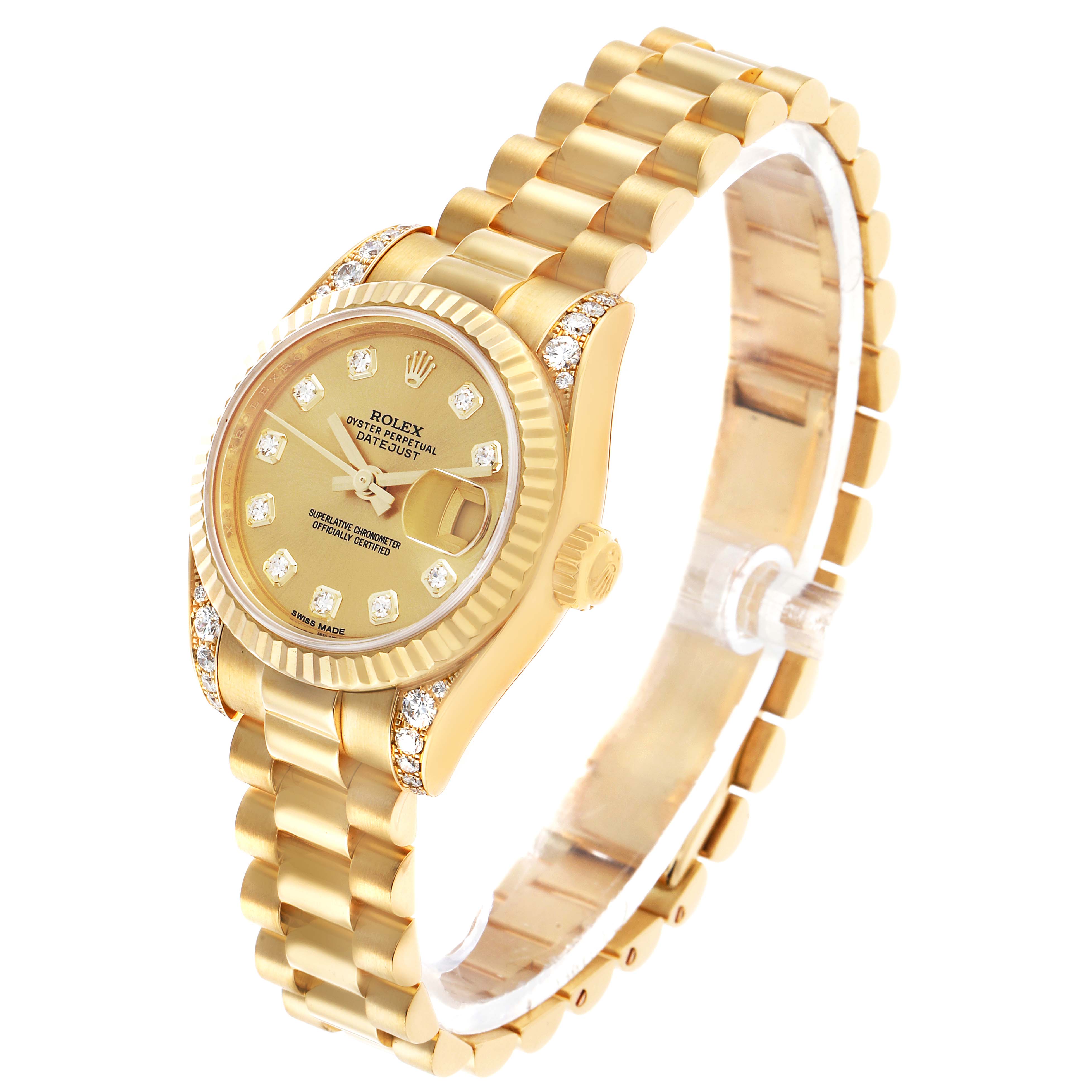 The Rolex President 179238 Women's Yellow Gold Champagne Dial model watch is shown at a three-quarter angle, highlighting the face, crown, and bracelet.