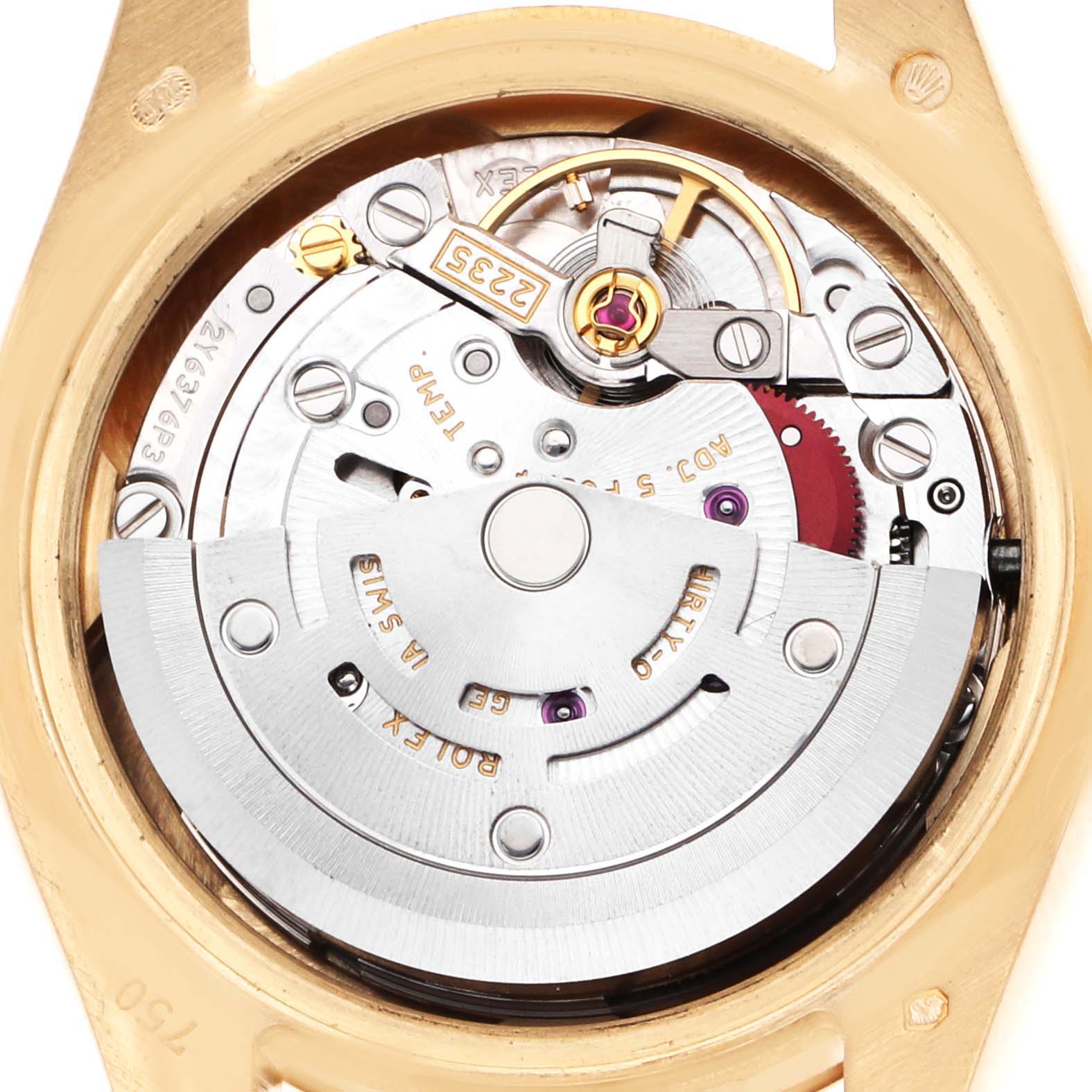 The image shows the movement of a Rolex President 179238 Women's Yellow Gold Champagne Dial watch from a back angle, highlighting gears and the rotor.