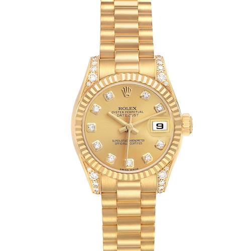 The Rolex President 179238 Women's Yellow Gold Champagne Dial model is shown from a top-down angle, displaying the dial, bezel, and bracelet.