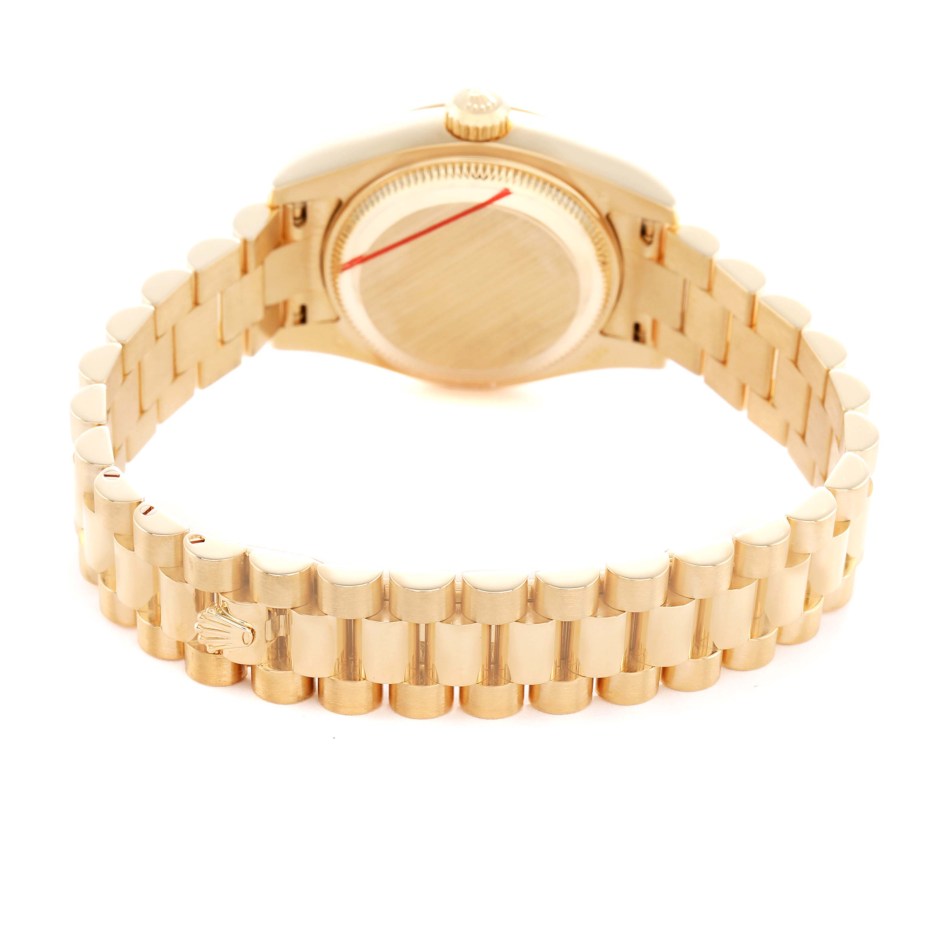 The Rolex President 179238 Women's Yellow Gold Champagne Dial model watch is shown from the back, highlighting its case, bracelet, and clasp detail.