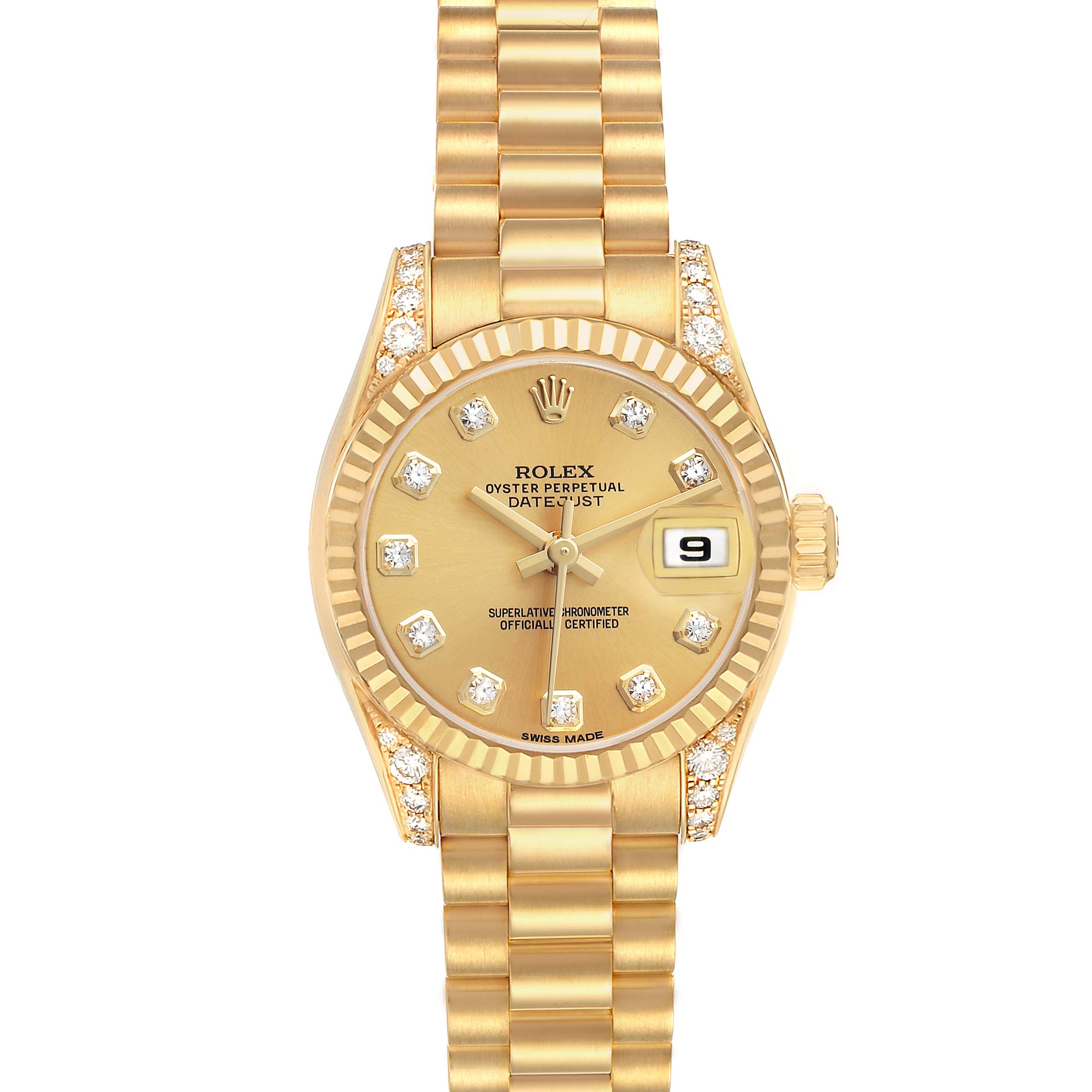 The Rolex President 179238 Women's Yellow Gold Champagne Dial model watch is shown from a top view, displaying the face, bezel, crown, and bracelet.