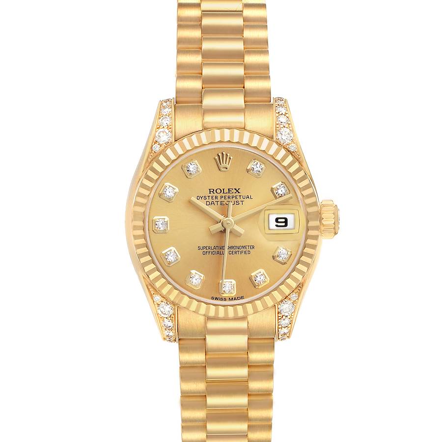 The Rolex President 179238 Women's Yellow Gold Champagne Dial model watch is shown from a top view, displaying the face, bezel, crown, and bracelet.