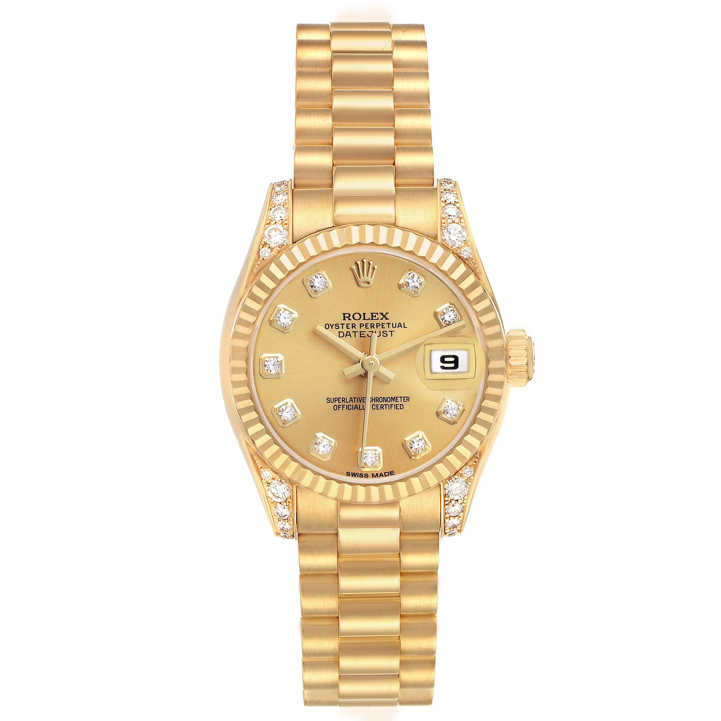 This Rolex President 179238 Women's Yellow Gold Champagne Dial watch is shown from a top-down angle, highlighting the gold bracelet, diamond markers, and fluted bezel.
