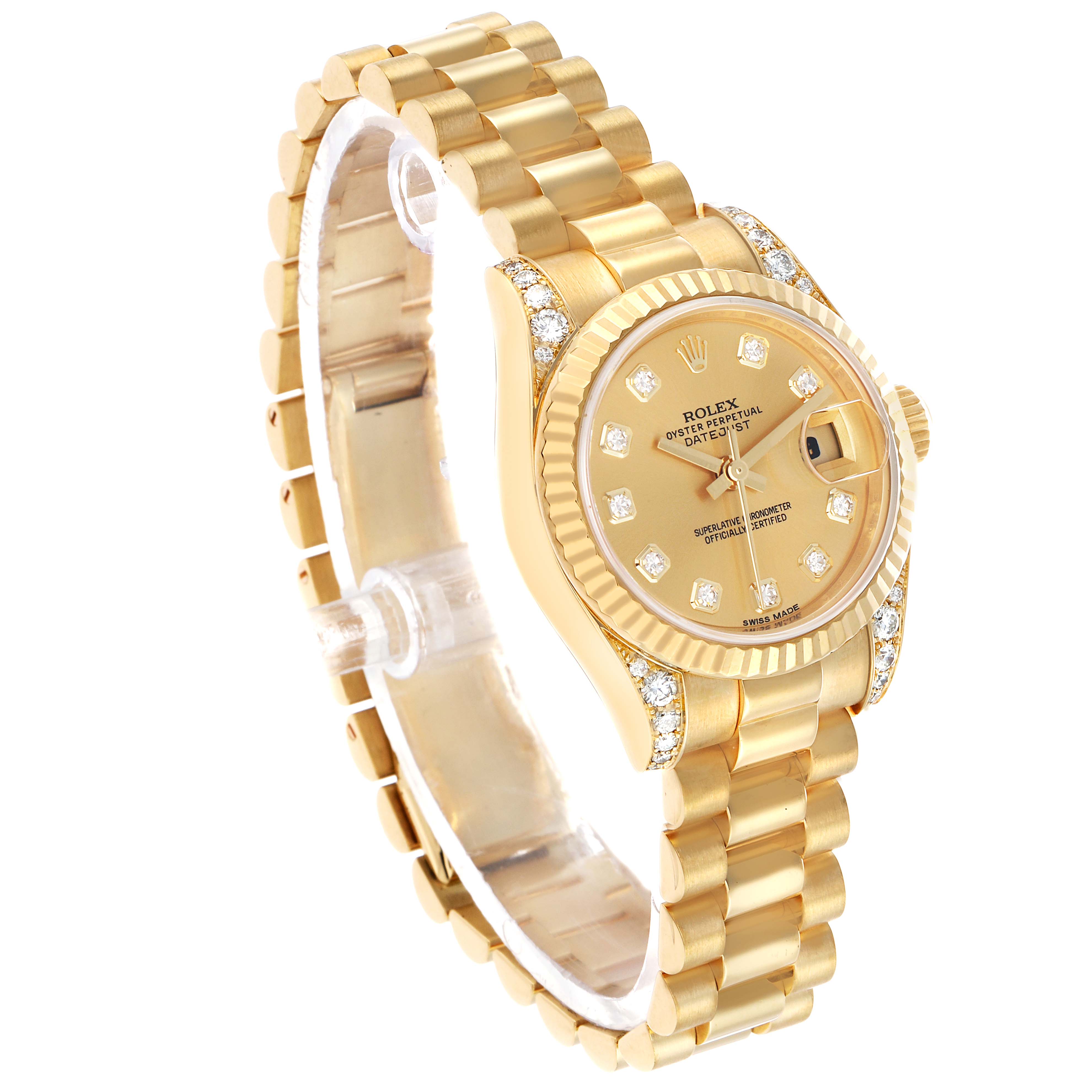 The Rolex President 179238 Women's Yellow Gold Champagne Dial model is shown at a three-quarter angle, highlighting its gold bracelet and diamond-accented dial and bezel.