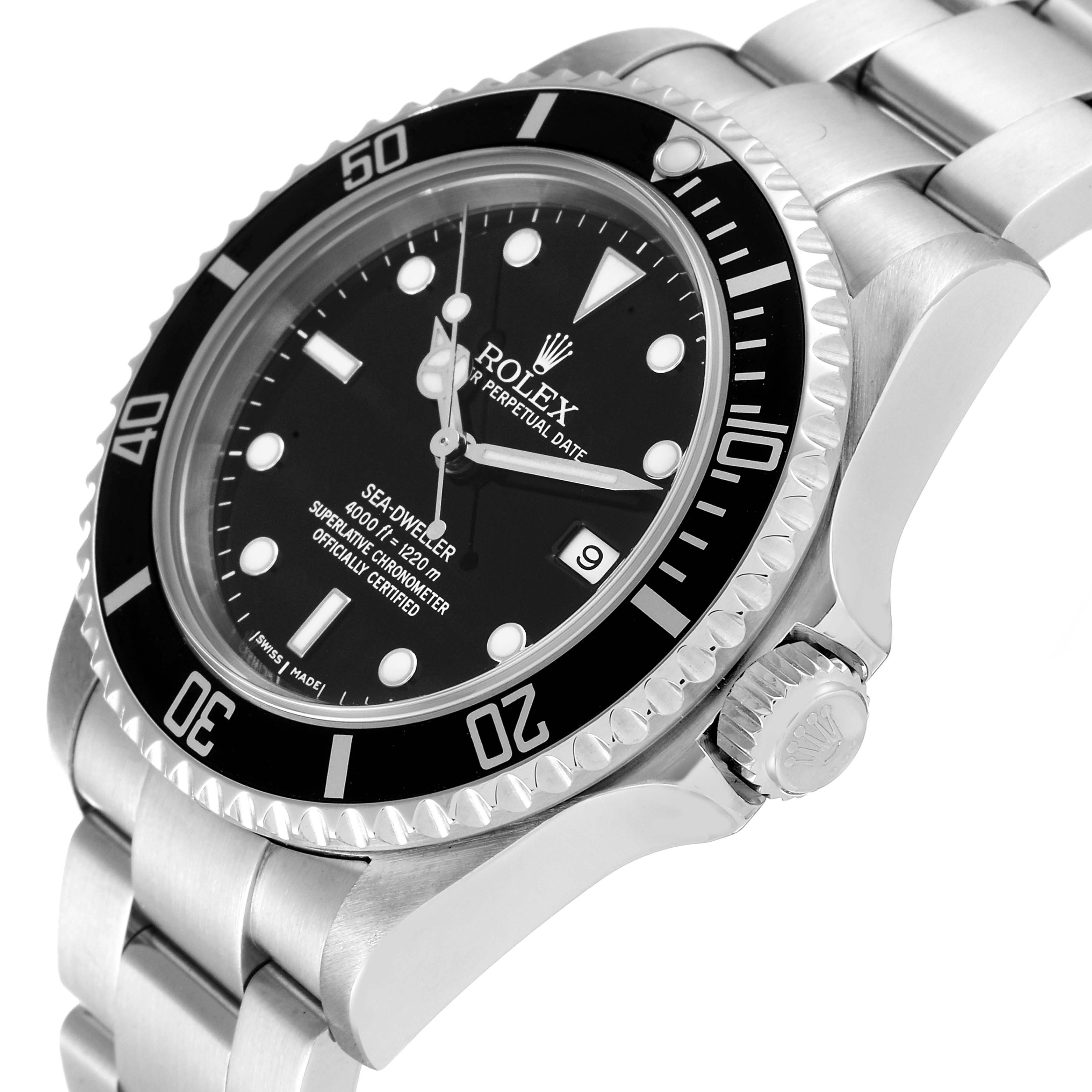 This image shows the Rolex Sea-Dweller 16600T Men's Stainless Steel Black Dial 16600T Men's Stainless Steel Black Dial watch from a slight side angle, highlighting its bezel, crown, and part of the bracelet.