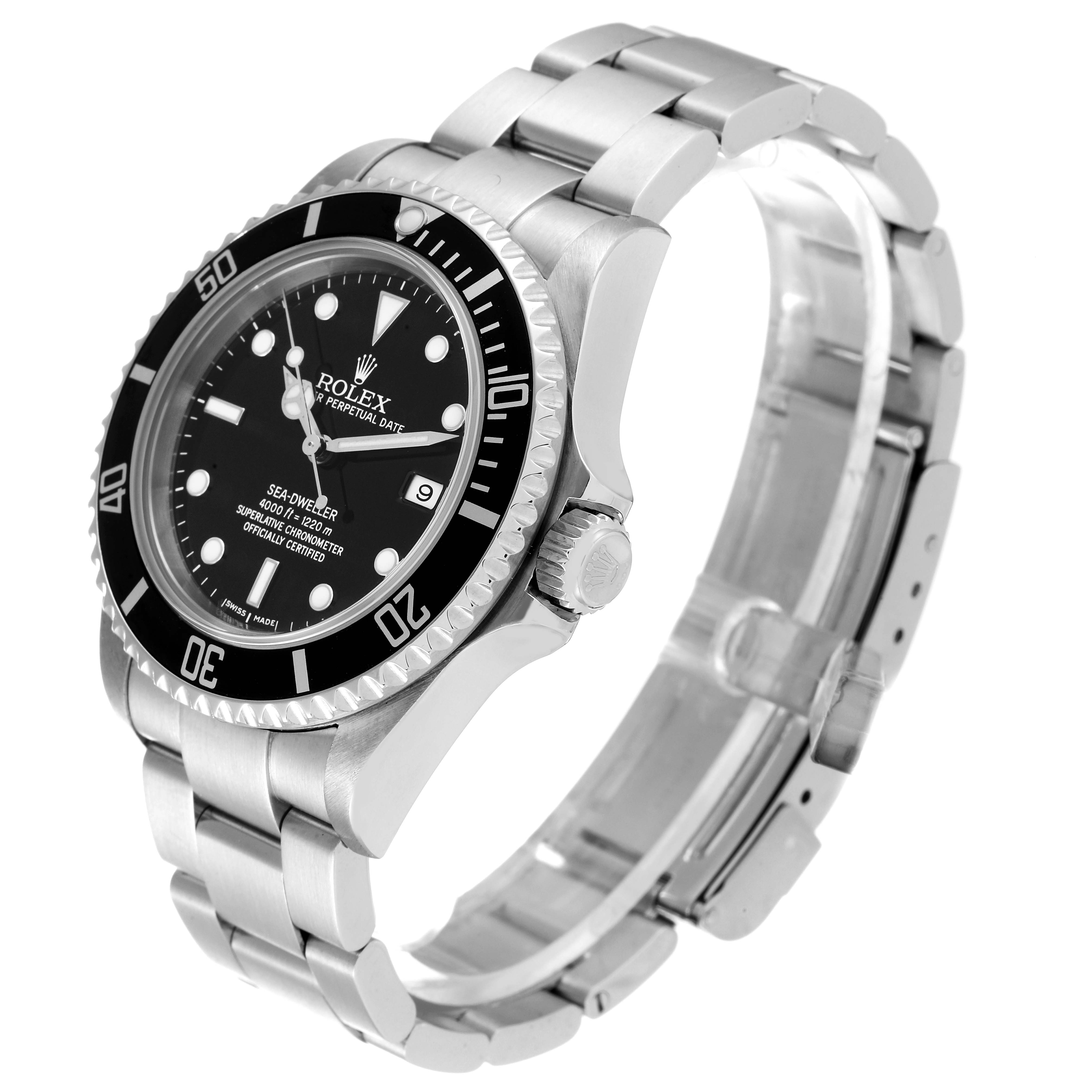 The Rolex Sea-Dweller 16600T Men's Stainless Steel Black Dial 16600T Men's Stainless Steel Black Dial watch is shown at a slight angle, revealing the face, bezel, crown, and stainless-steel bracelet.