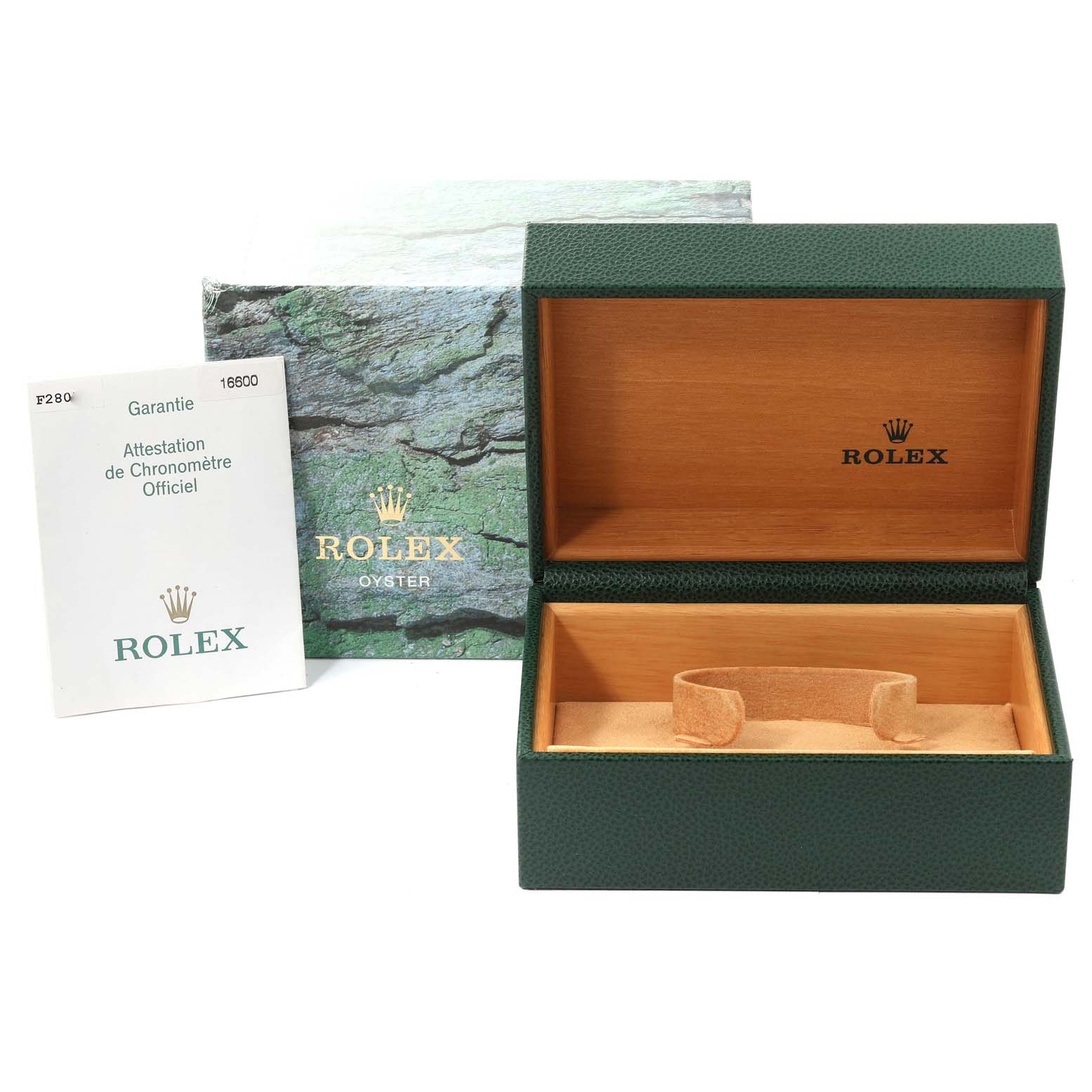 The image shows the open presentation box and warranty card for a Rolex Sea-Dweller 16600T Men's Stainless Steel Black Dial 16600T Men's Stainless Steel Black Dial watch.