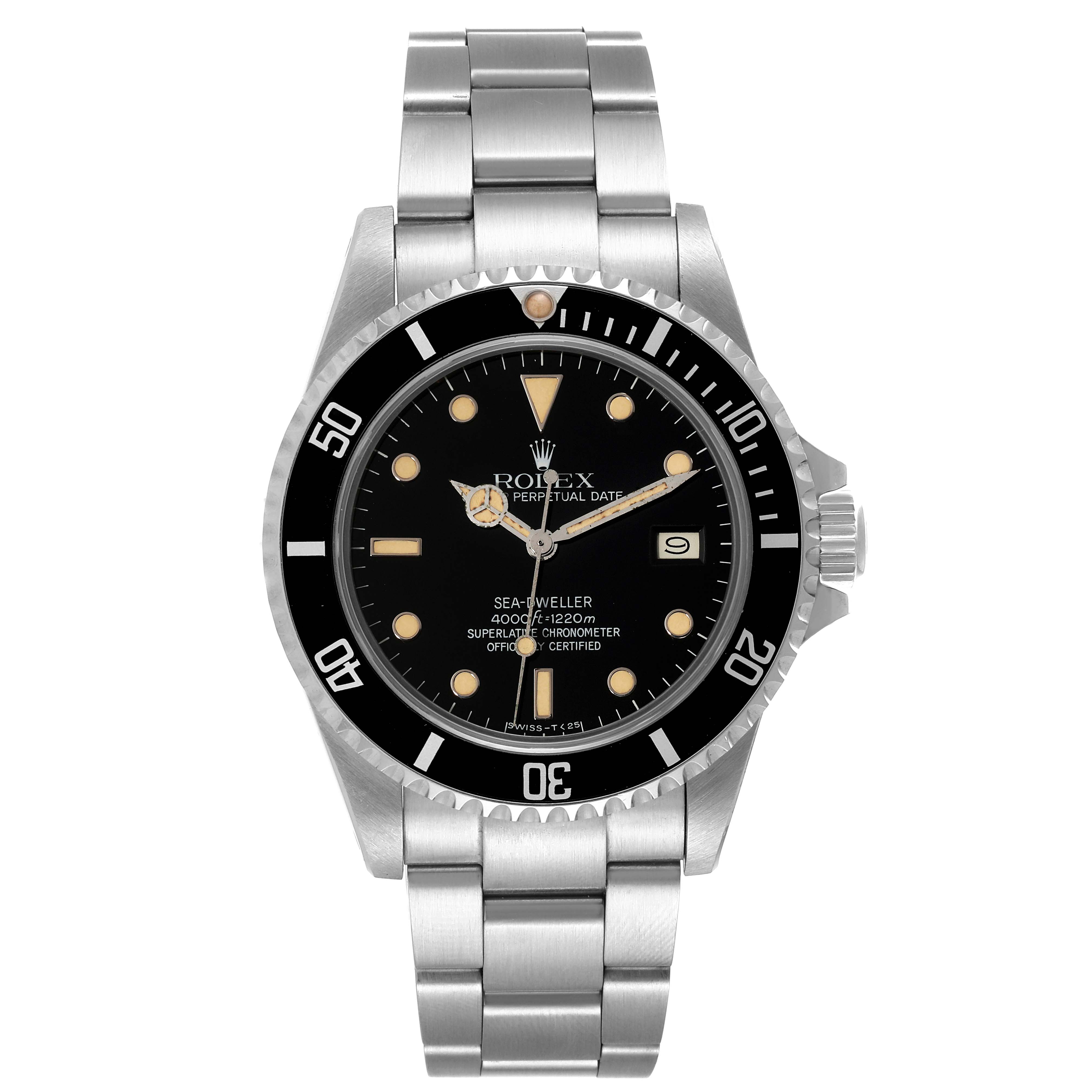 The image shows a front view of the Rolex Sea-Dweller Vintage Collection watch, displaying the dial, bezel, and bracelet.