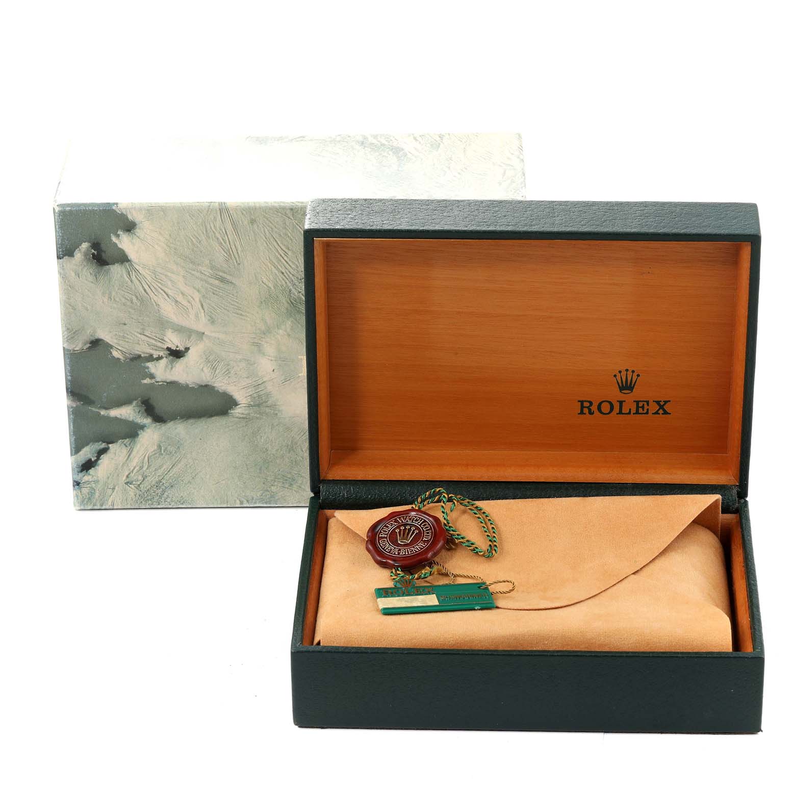 The image shows a Rolex Vintage Collection 16660 Men's Stainless Steel Black Dial 16660 Men's Stainless Steel Black Dial model watch box with a tag inside, viewed from the front.