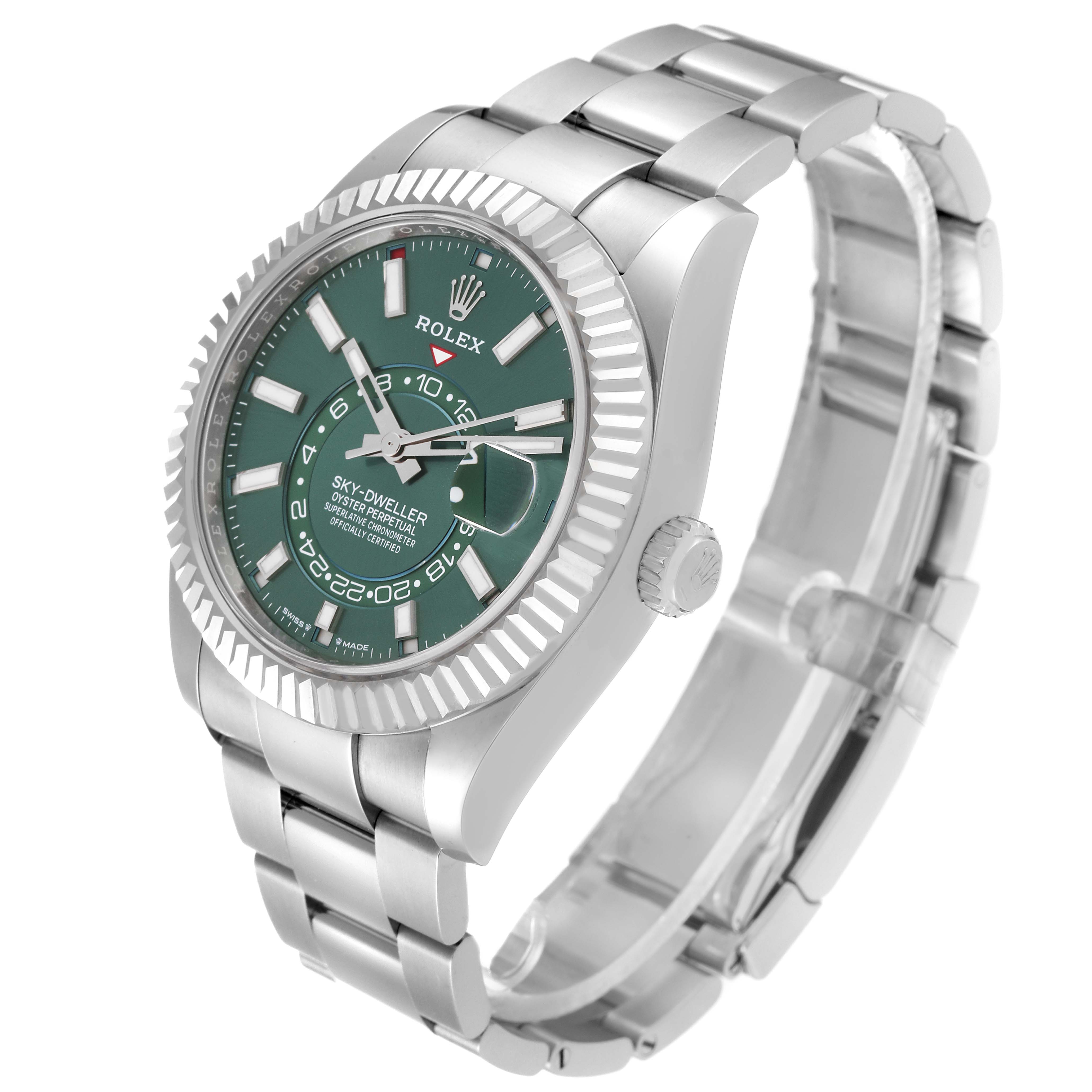 This image shows a Rolex Sky-Dweller 336934 Men
s Stainless Steel Green Dial 336934 Men
s Stainless Steel Green Dial watch at a slightly tilted angle, highlighting its face, bezel, and part of the bracelet.