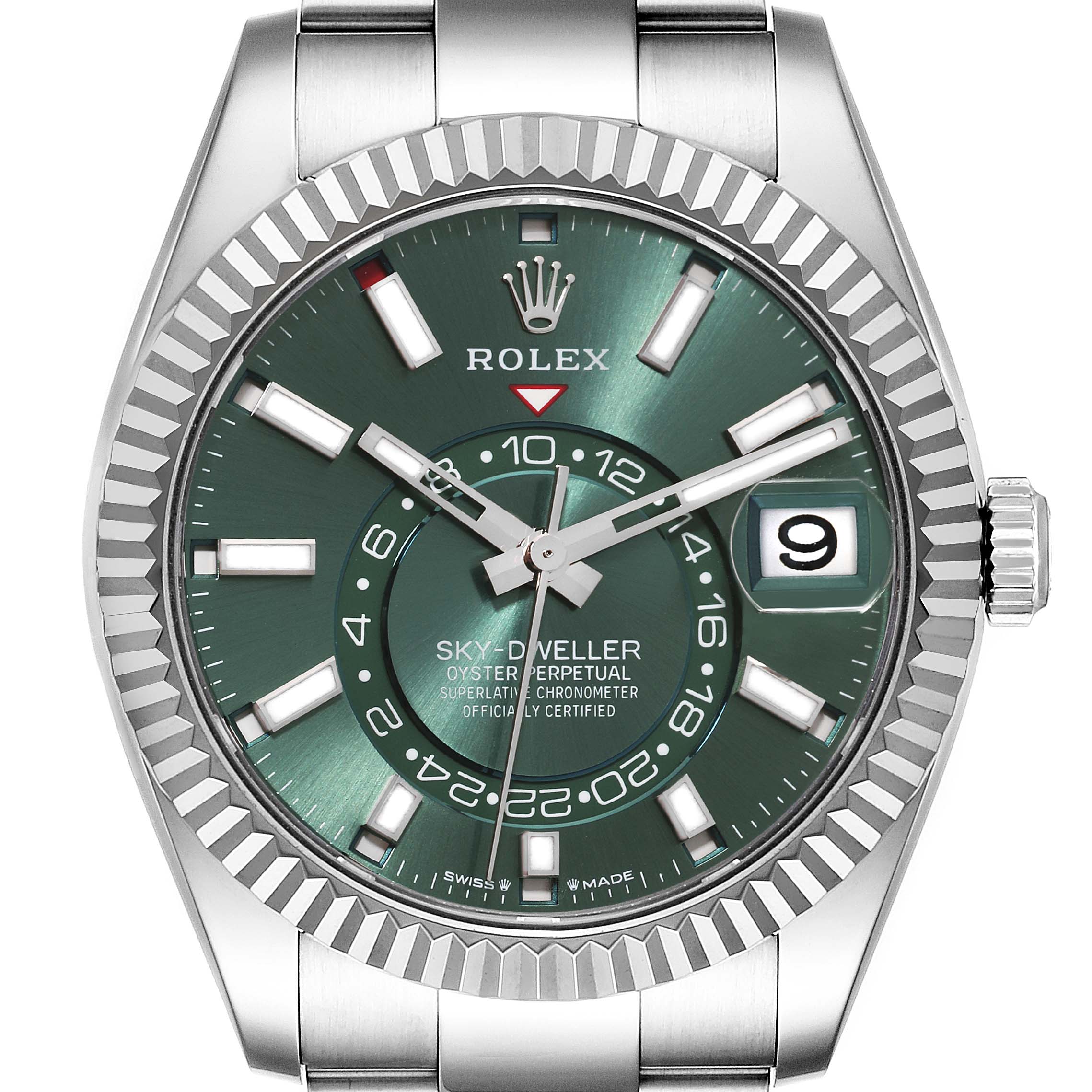 This Rolex Sky-Dweller 336934 Men
s Stainless Steel Green Dial 336934 Men
s Stainless Steel Green Dial watch is shown from the front, featuring the dial, bezel, crown, and part of the bracelet.