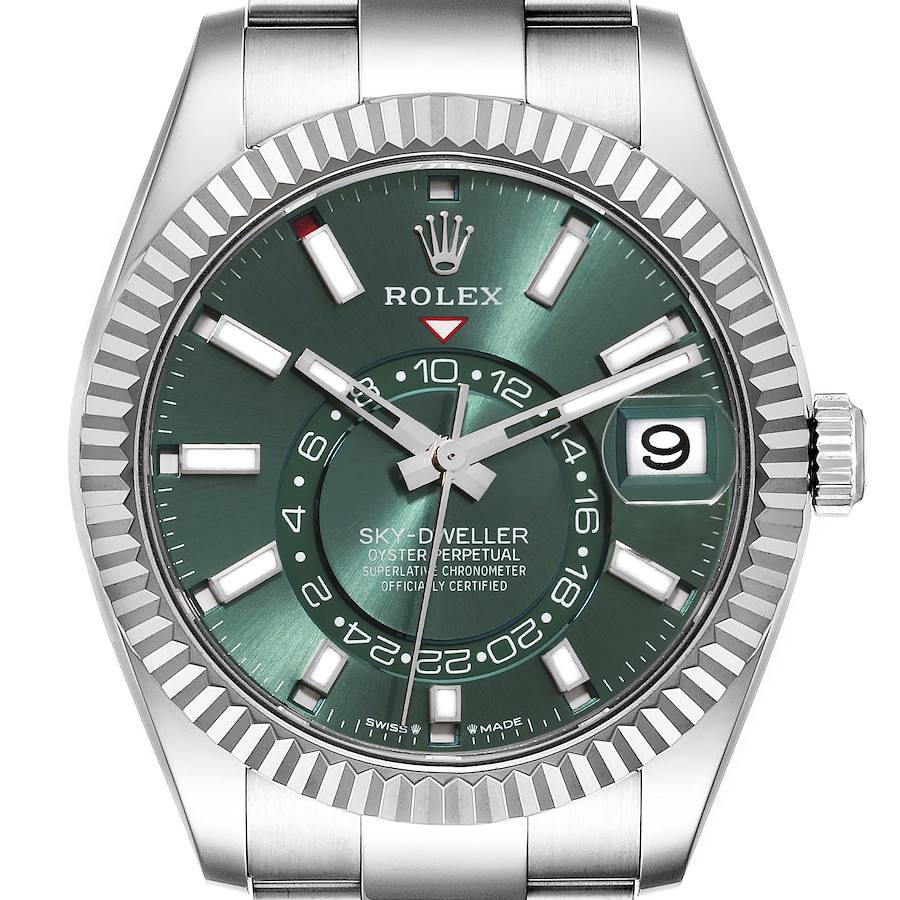 Rolex Sky-Dweller Steel White Gold Mint Green Dial Mens Watch 336934 Unworn SwissWatchExpo