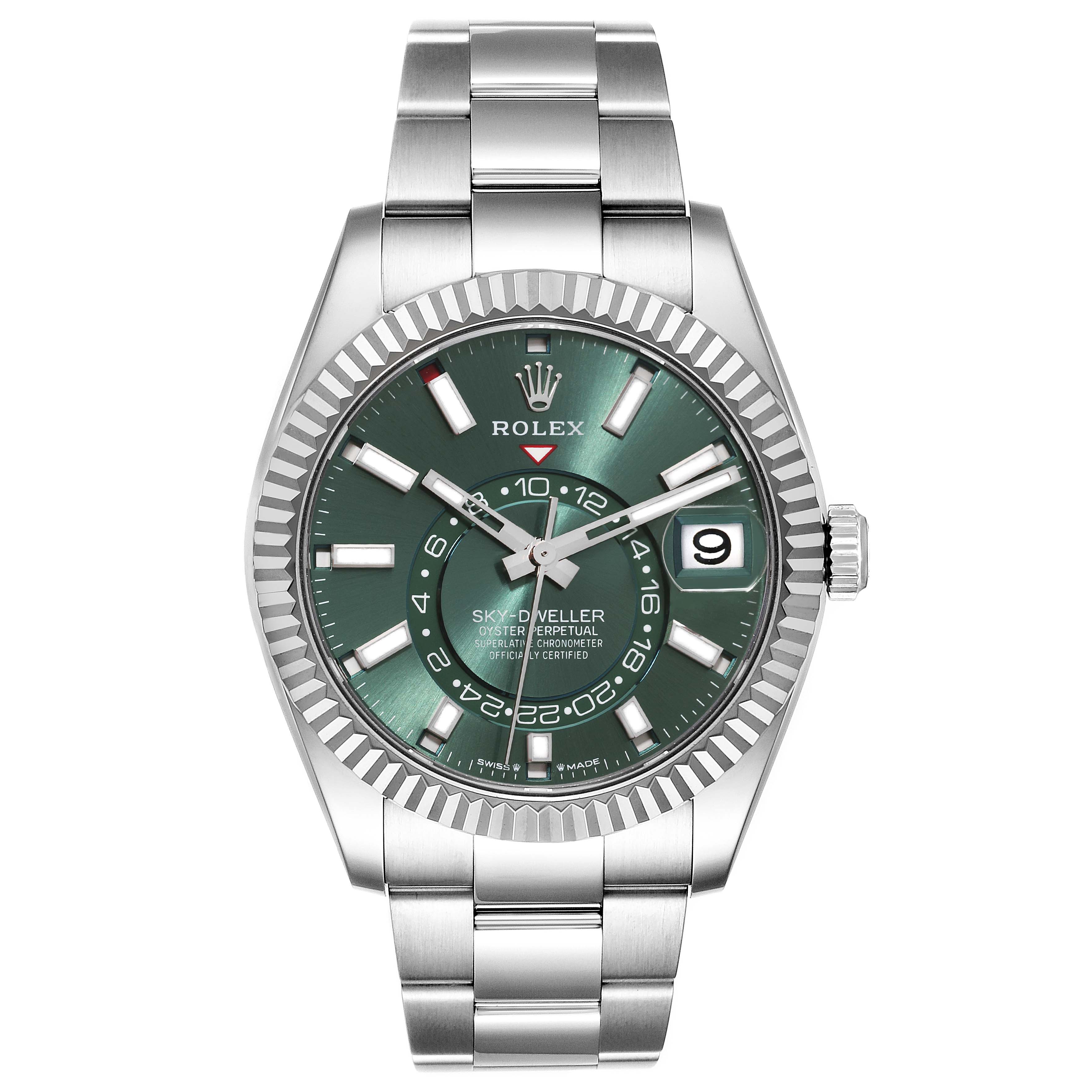 The Rolex Sky-Dweller 336934 Men
s Stainless Steel Green Dial 336934 Men
s Stainless Steel Green Dial is shown from a front angle, displaying its green dial, fluted bezel, and silver bracelet.