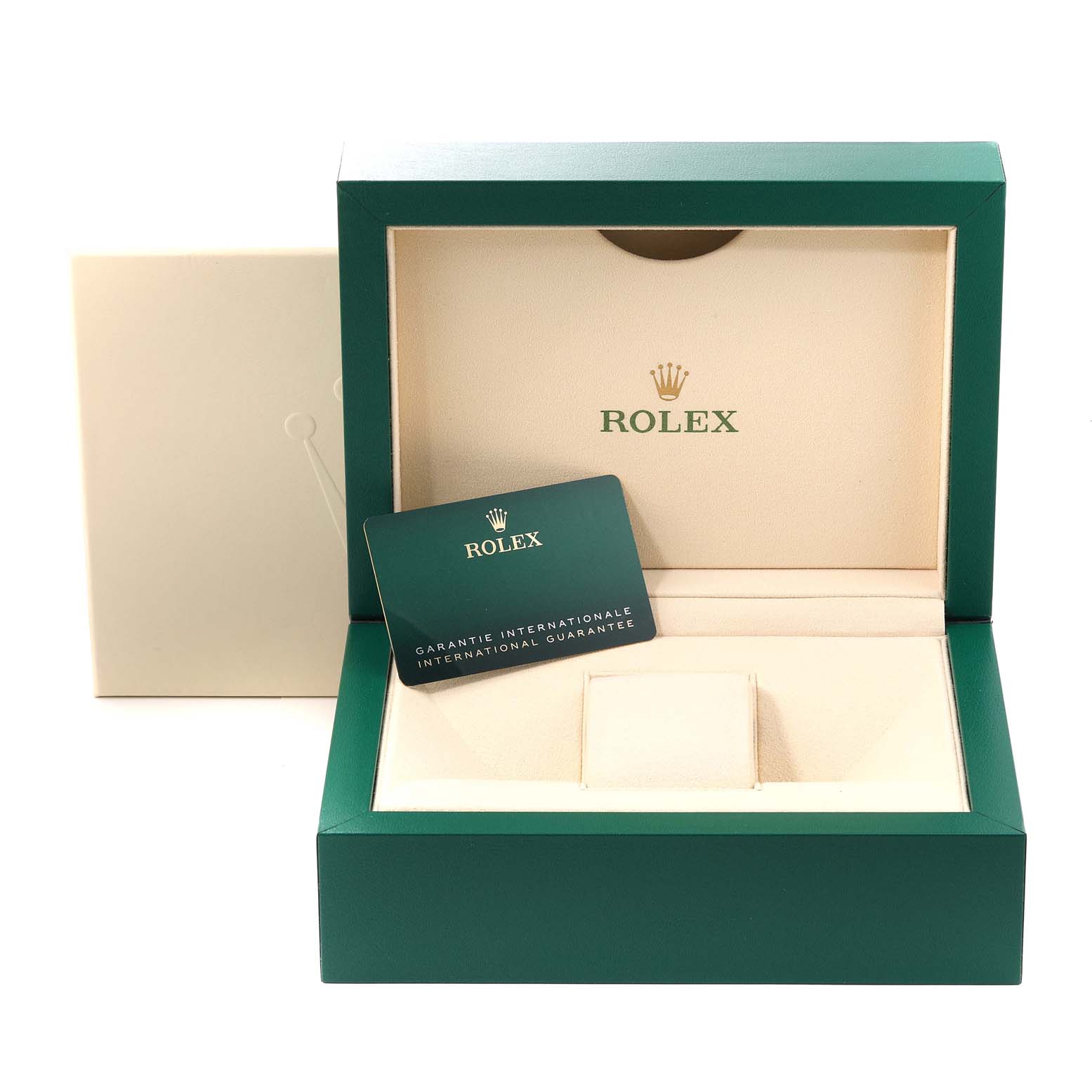 The image shows an open Rolex Sky-Dweller 336934 Men
s Stainless Steel Green Dial 336934 Men
s Stainless Steel Green Dial box with an international guarantee card.