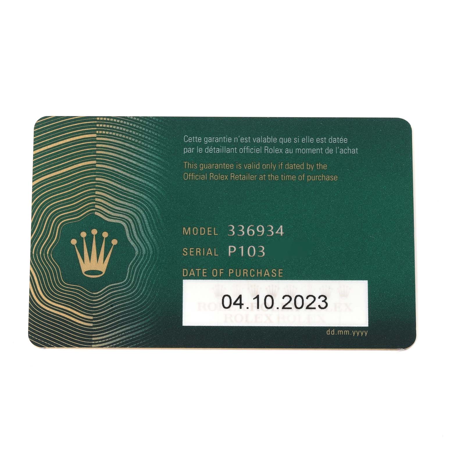 This image shows the warranty card for the Rolex Sky-Dweller 336934 Men
s Stainless Steel Green Dial 336934 Men
s Stainless Steel Green Dial model.