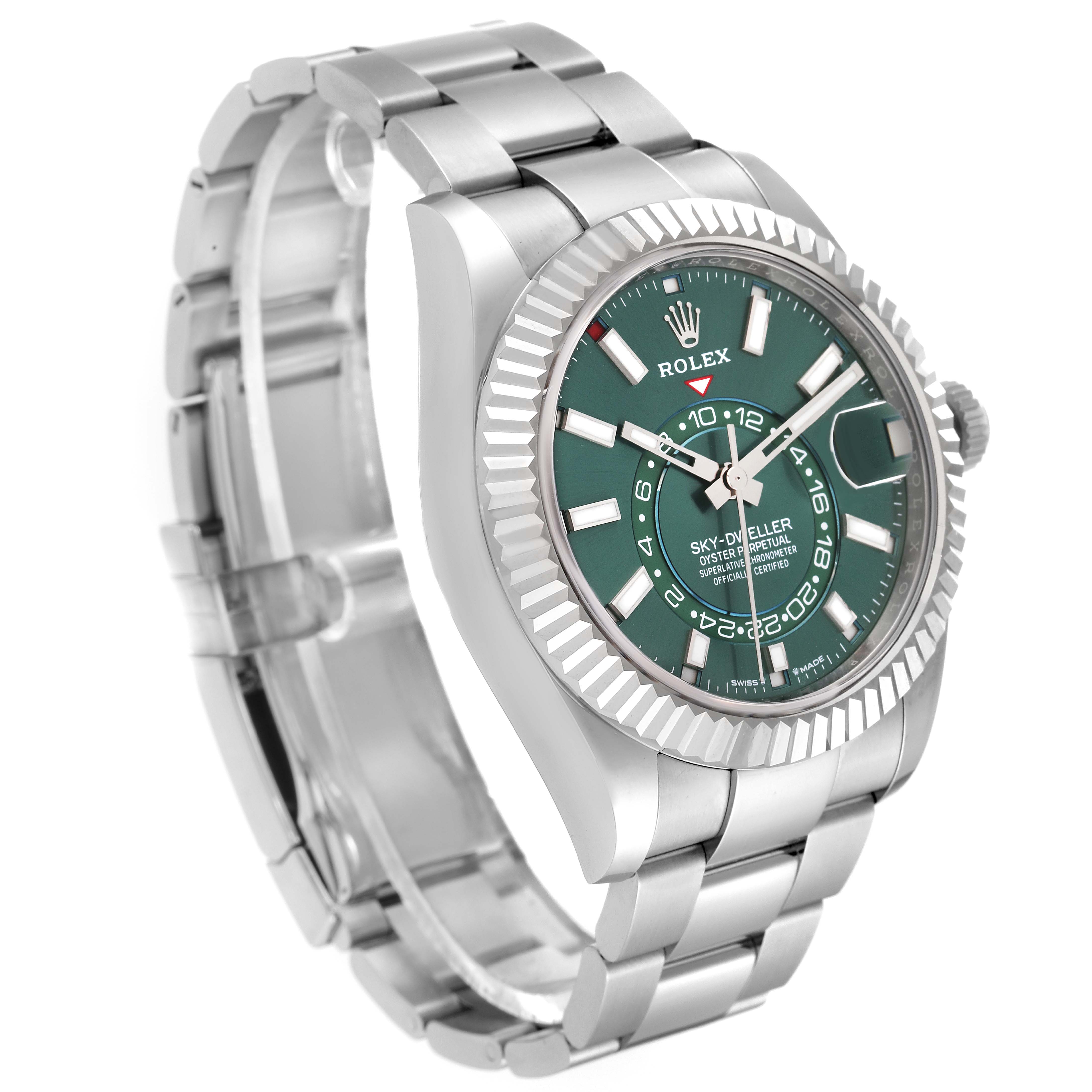 This image shows a Rolex Sky-Dweller 336934 Men
s Stainless Steel Green Dial 336934 Men
s Stainless Steel Green Dial watch at a three-quarter angle, displaying its face, bezel, crown, and bracelet.