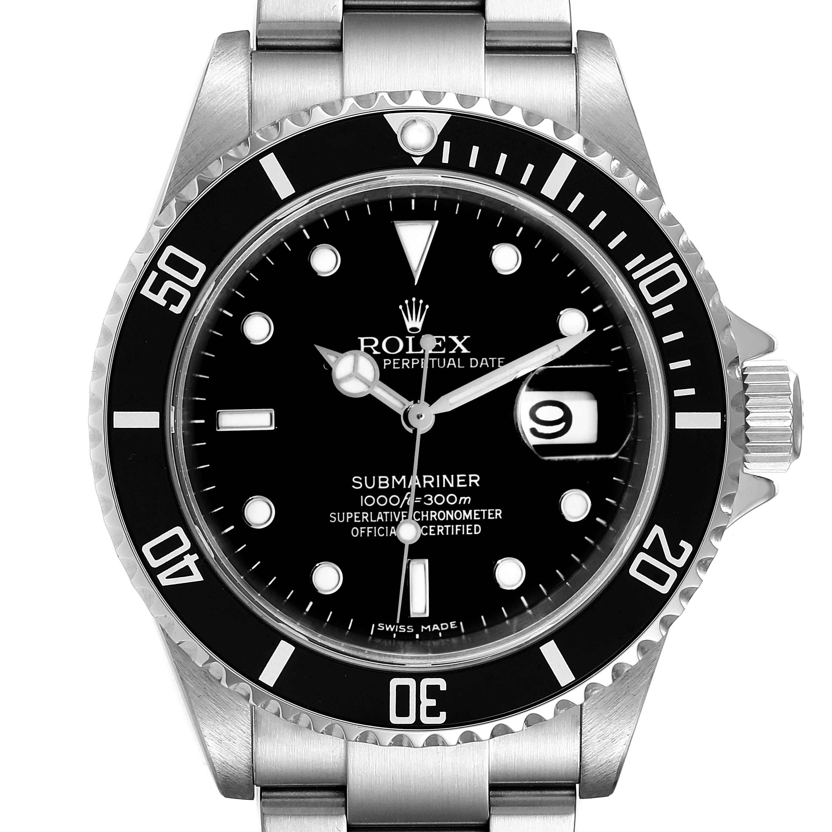 The image shows a front view of a Rolex Submariner 16610 Men
s Stainless Steel Black Dial 16610 Men
s Stainless Steel Black Dial, displaying the dial, bezel, hands, and part of the bracelet.